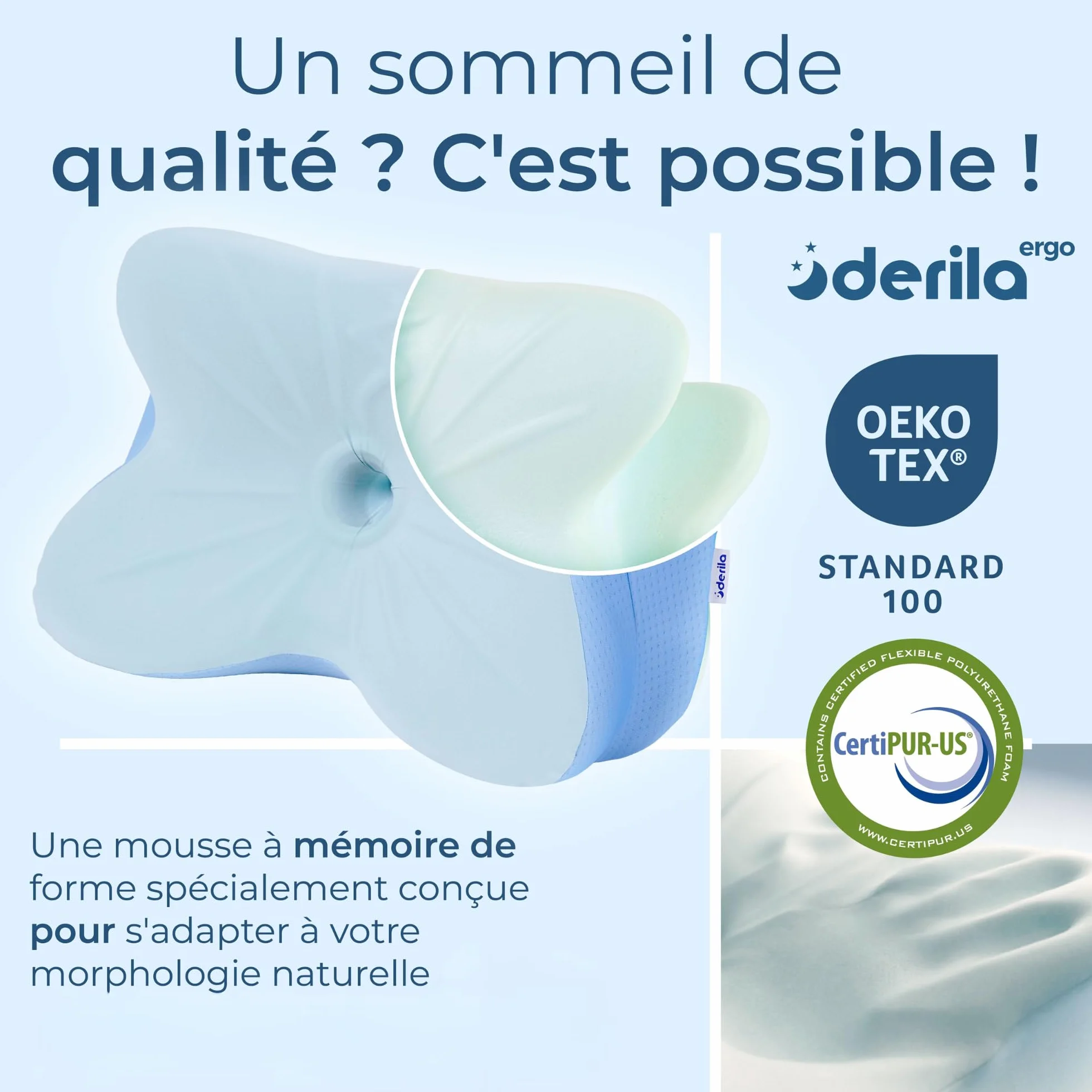 Derila Oreiller Mémoire de Forme Cervical Papillon Rafraîchissant pour Dormeurs Côté Dos et Ventre