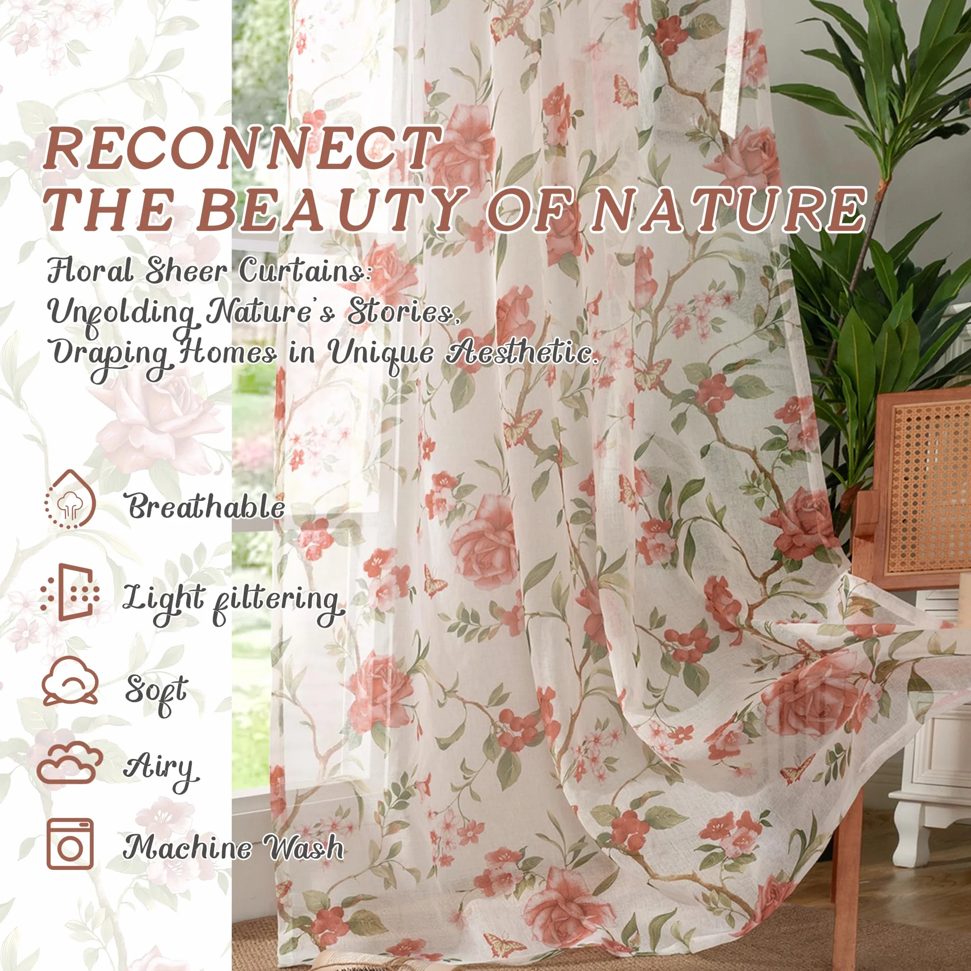 Lajode Lot de 2 Rideaux Transparents à Motif Floral, Lin Semi-Transparents 213,4 cm Passe-Tringle
