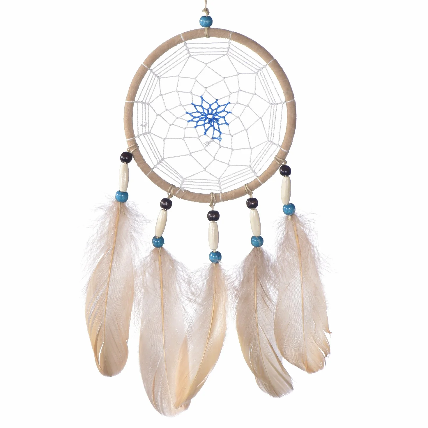 DonDon Attrape-rêves Dreamcatcher avec Perles et Vraies Plumes Châtain Clair Ø 14 cm