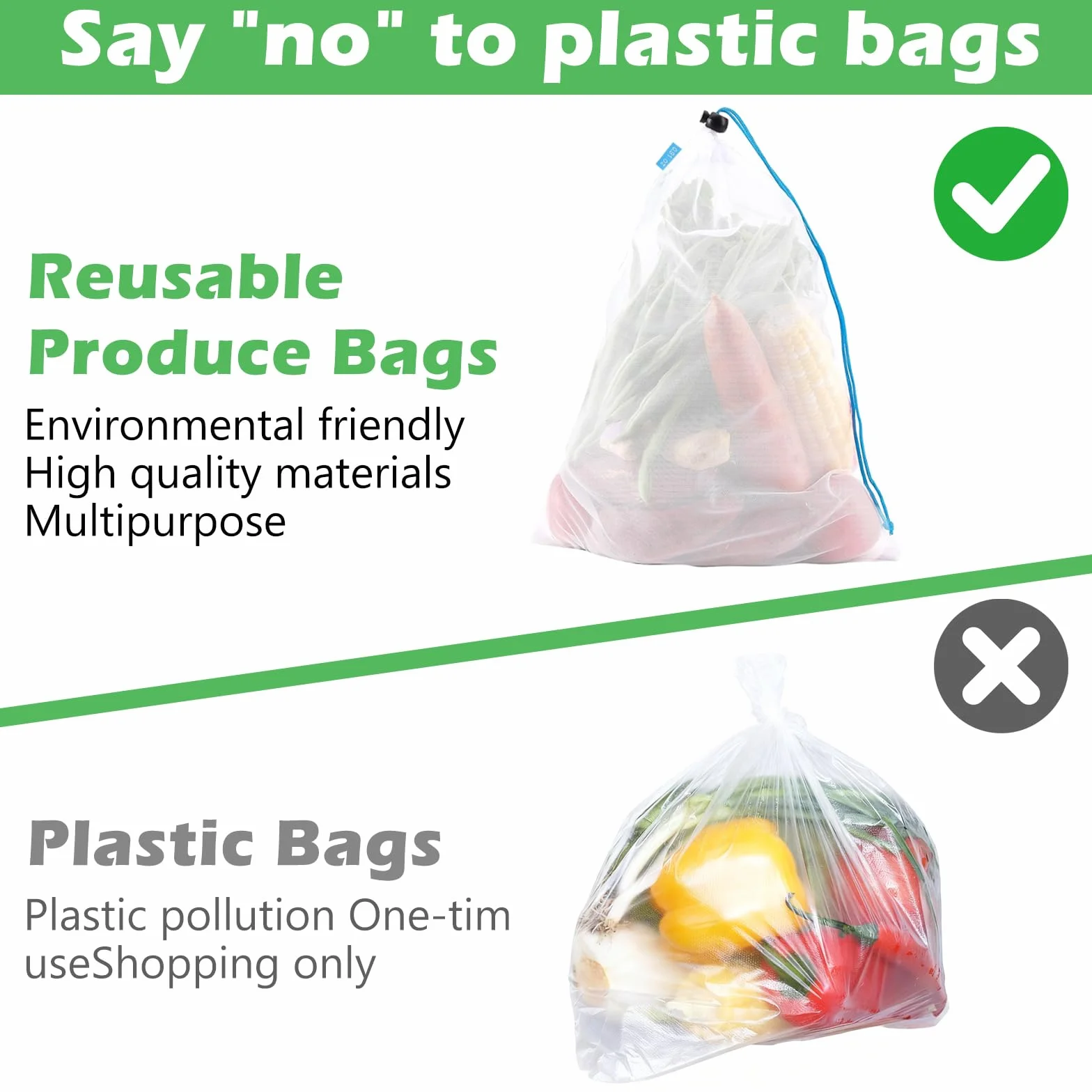 Sacs de Rangement réutilisables en Filet pour Fruits et Légumes avec Cordon de Serrage, 3 Tailles