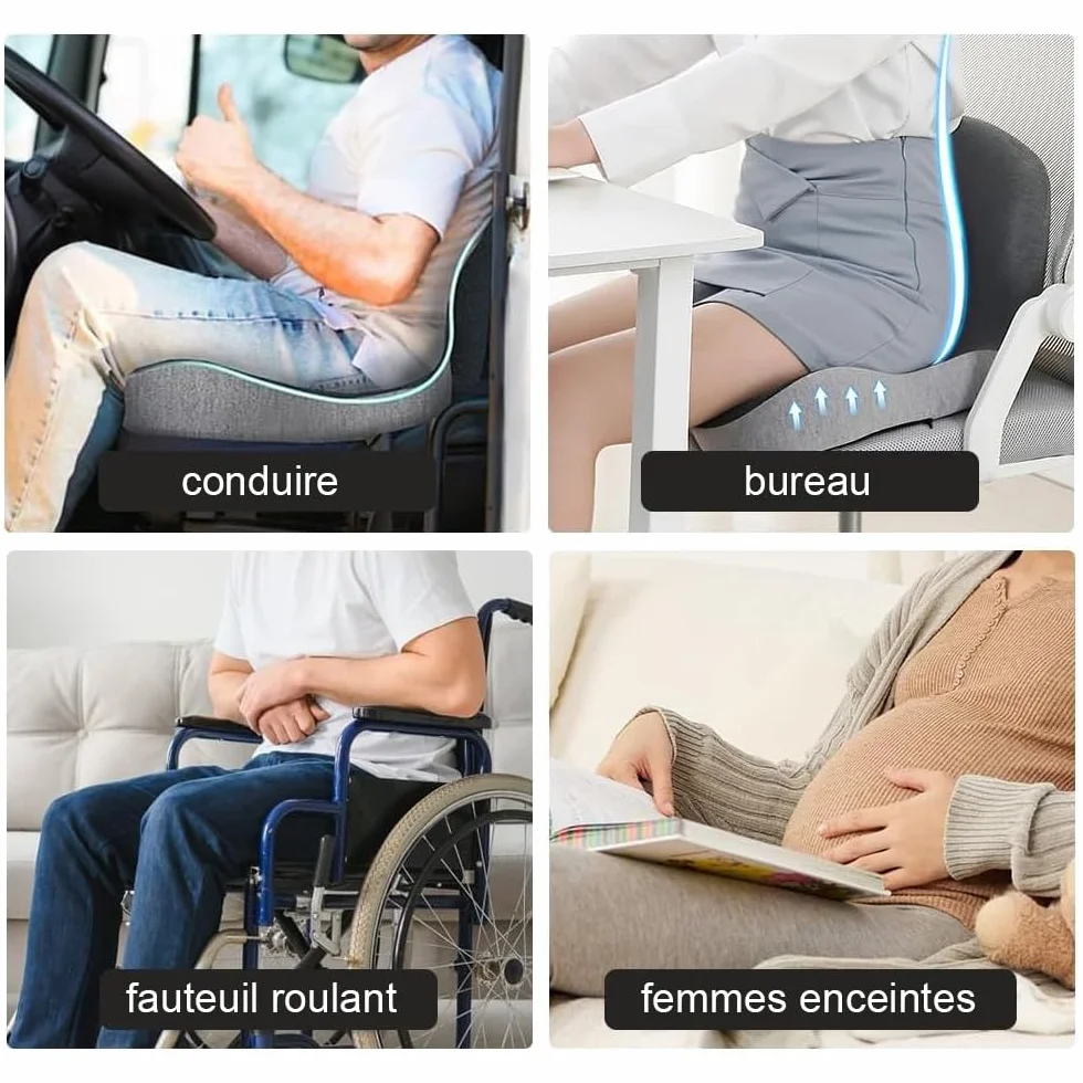 Coussin ergonomique en mousse mémoire pour siège, soutien sciatique et coccyx