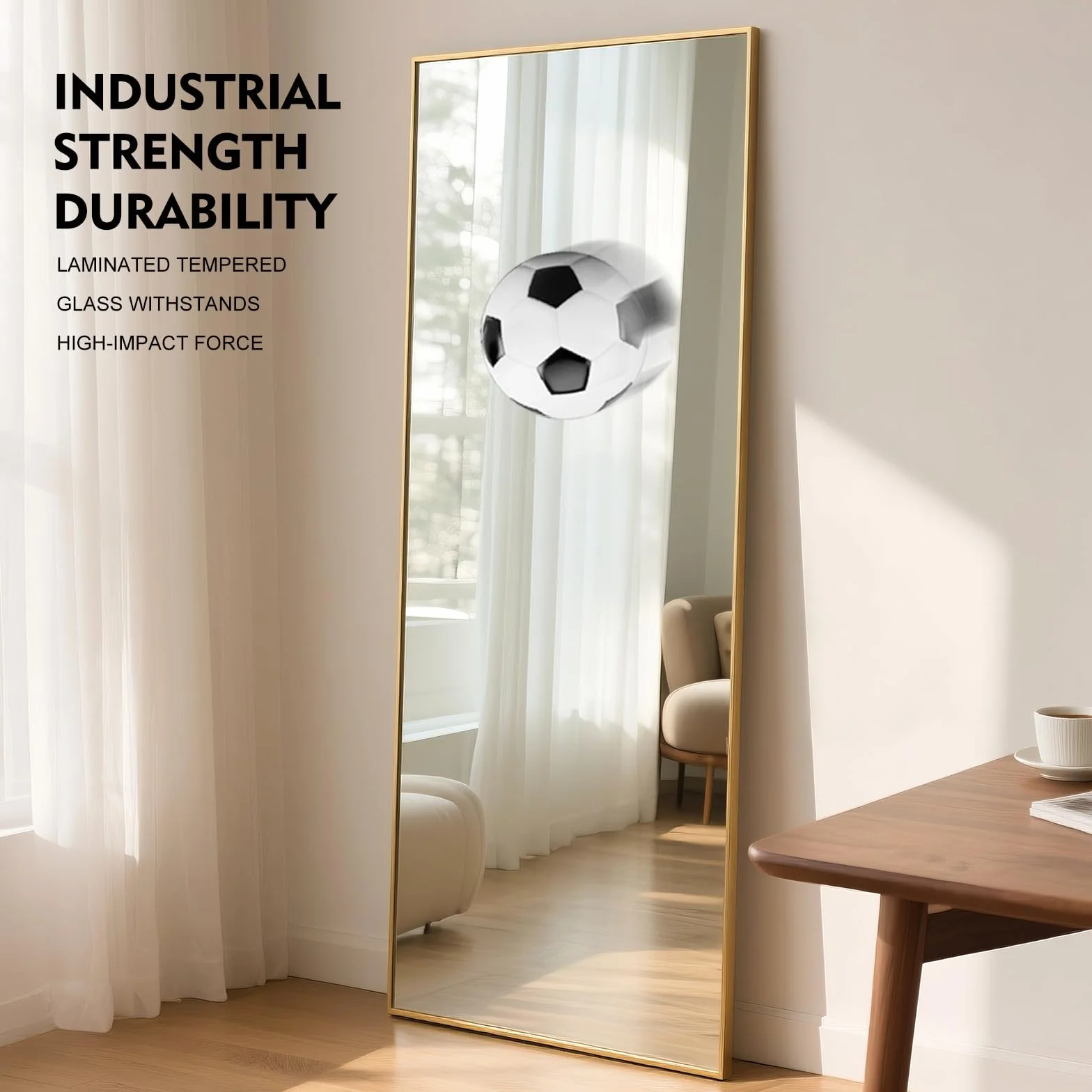 Grand miroir mural 165x60 cm cadre aluminium doré inclinable suspendu sur pied