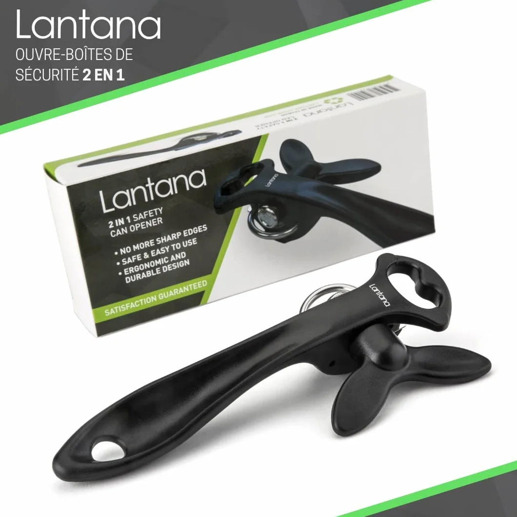 Lantana Ouvre-boîte/décapsuleur 2 en 1 noir acier inoxydable ouverture manuelle sans danger découpe latérale
