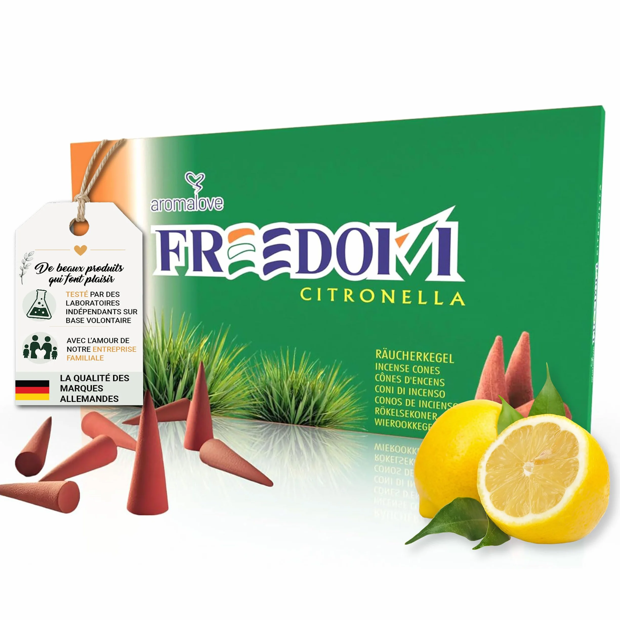 Aromalove Cônes d'encens XXL Freedom Citronnelle Longue durée Paquet de 50