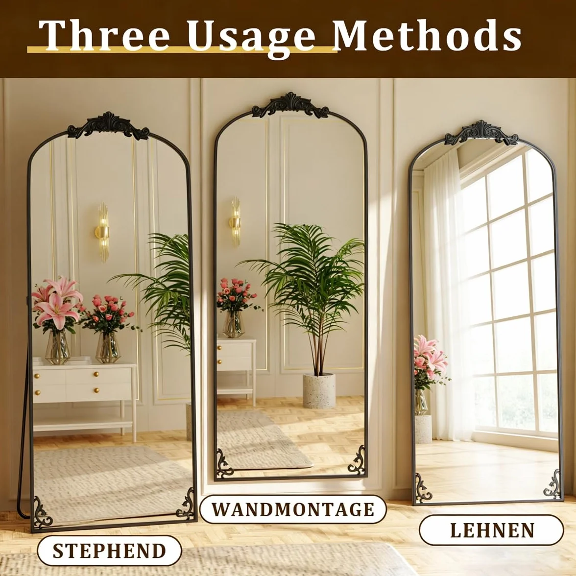 M&Catree Miroir Vintage Arc Pleine Longueur Mural Arqué Noir 179x69cm