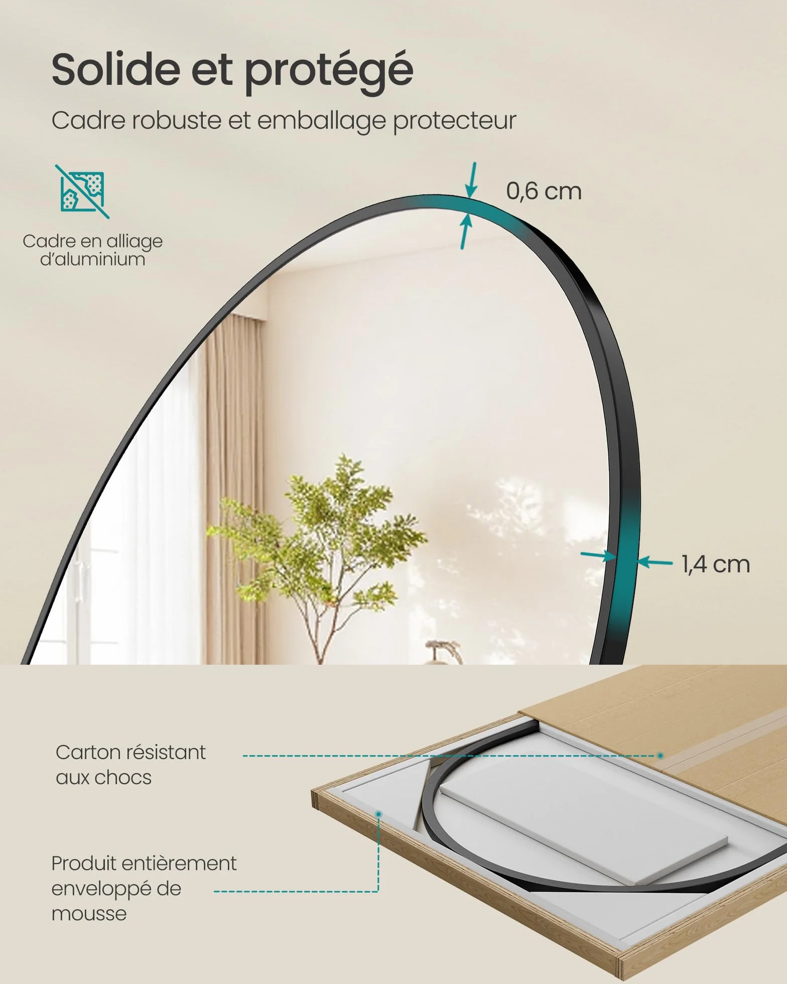 SONGMICS Miroir Intégral Arqué sur Pied 160 x 50 cm Cadre en Alliage d’Aluminium Verre Trempé Noir