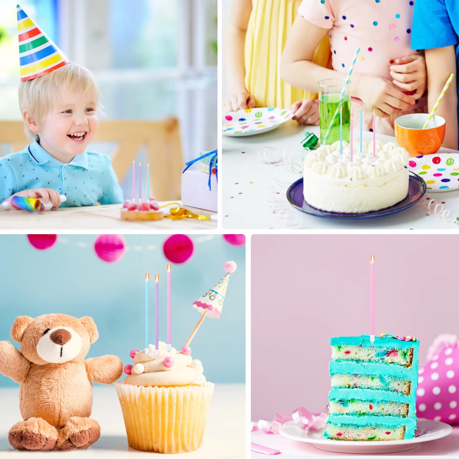 DONQL Bougies Arc en Ciel Longue 16PCS Bougies d'anniversaire avec Support pour Gâteau