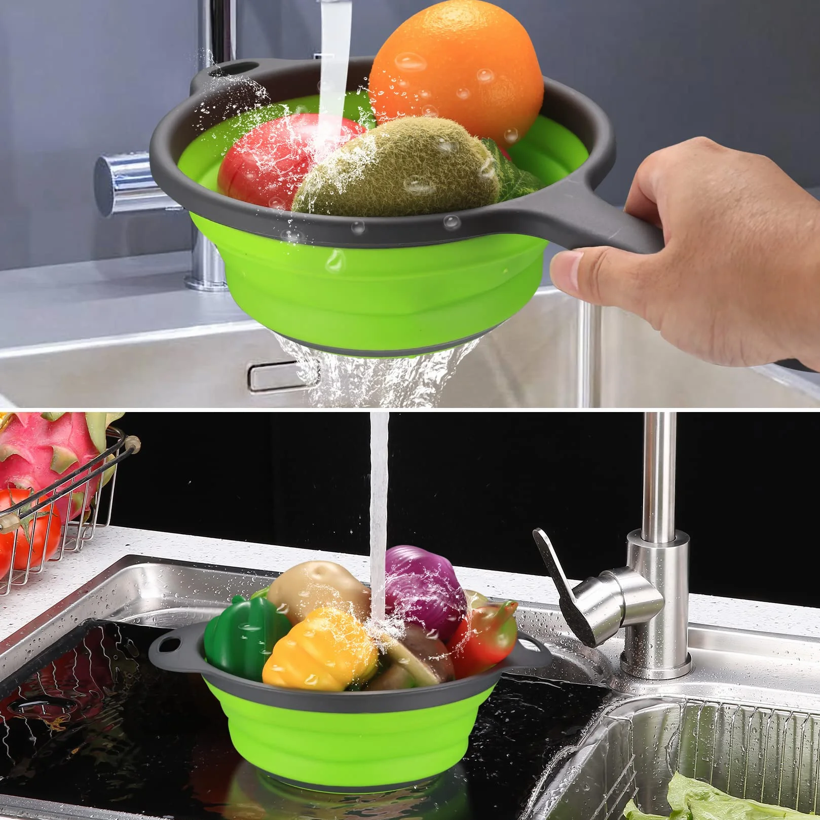 Passoire Pliable Silicone 3 Pièces avec Poignées pour Pâtes Légumes Fruits Vert
