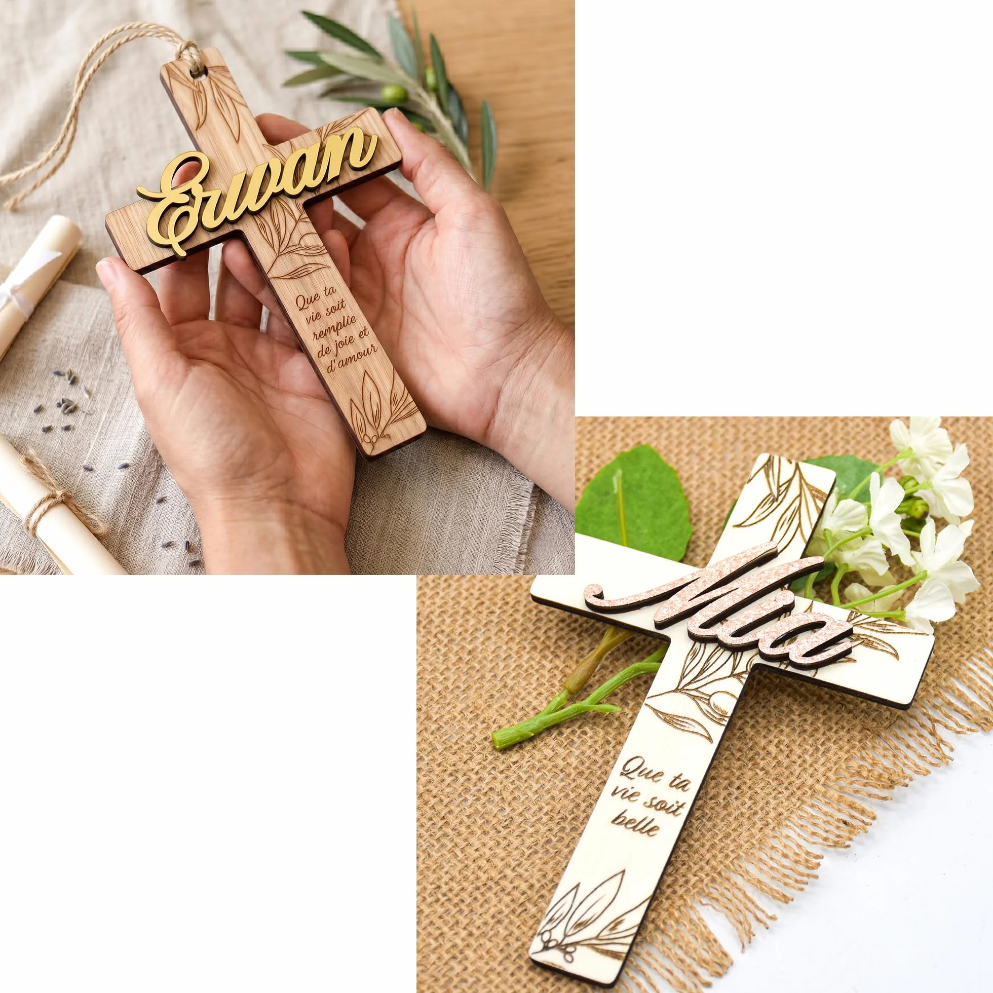 Croix de Baptême Personnalisée en Bois - Décoration Murale pour Enfant