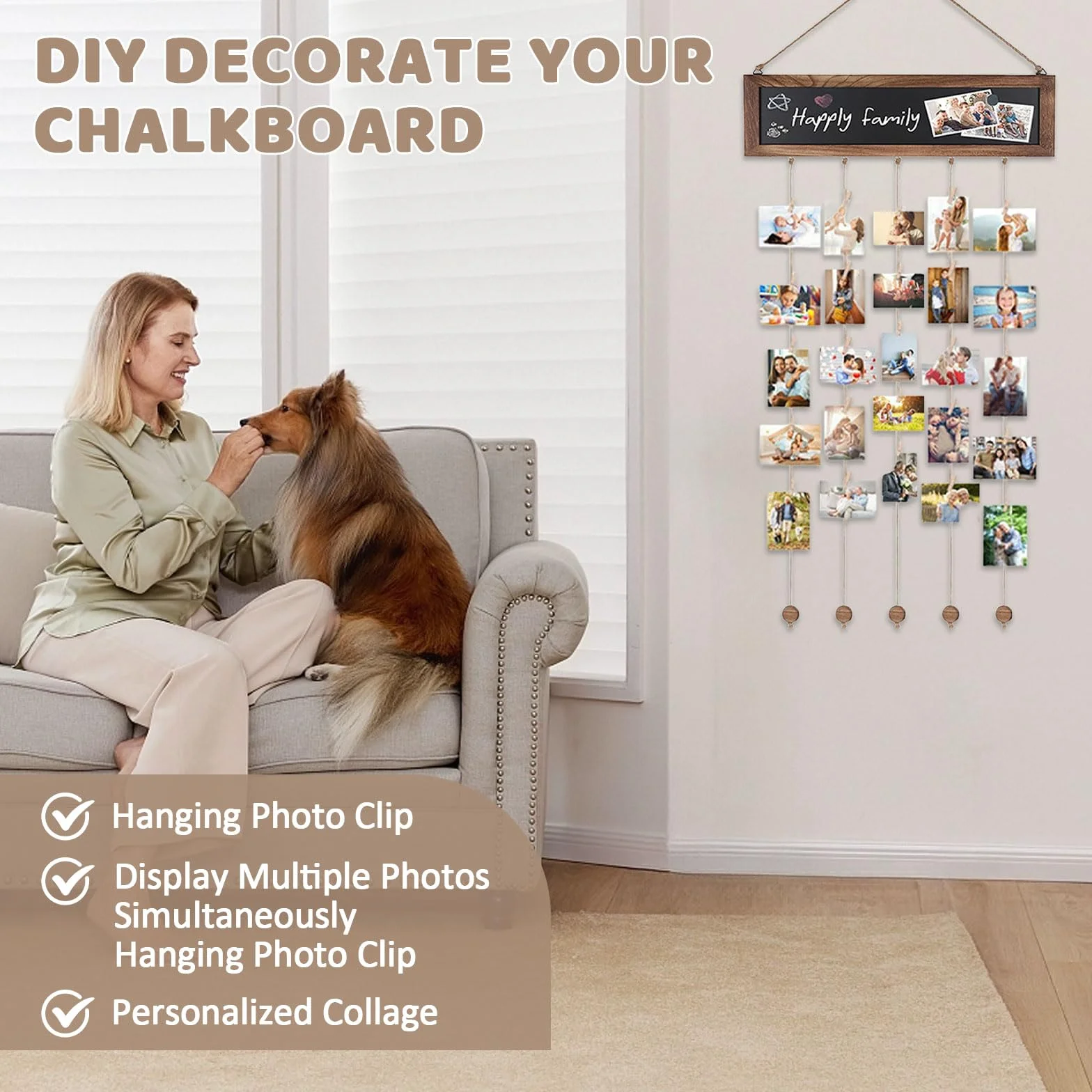 Porte Photo Mural avec 30 Clips en Bois, Tableau d'affichage Photo pour Décoration Maison