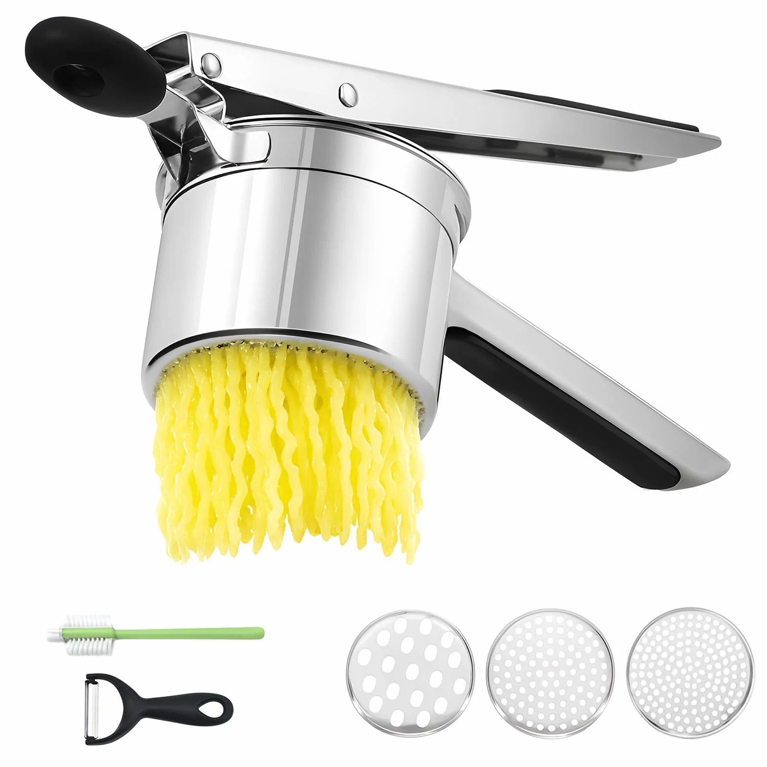 Presse-purée inox 18/10 450 ml, Presse pommes de terre robuste 3 disques interchangeables, Ustensile cuisine purée lisse spaetzle gnocchis légumes