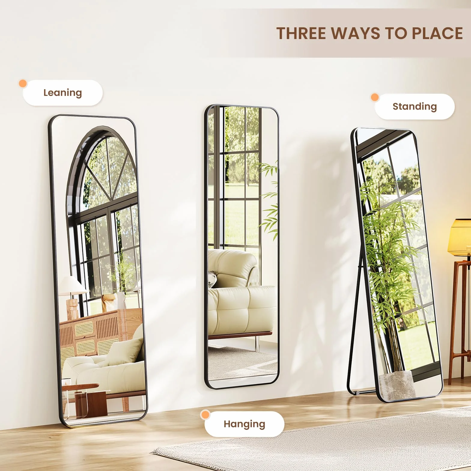 Dripex Grand Miroir 150x40cm Coins Arrondis Miroir Pied Suspendu Cadre Alliage Aluminium Noir