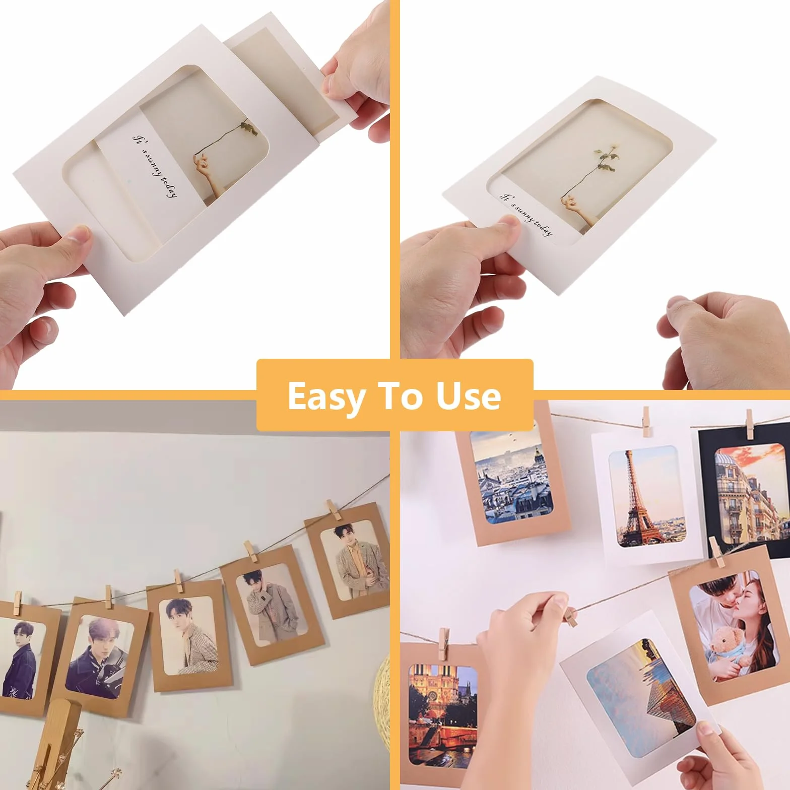 Cadres Photo en Papier 11,5 x 15,4 cm Lot de 90 avec Clips en Bois et Ficelle pour Décoration Fête