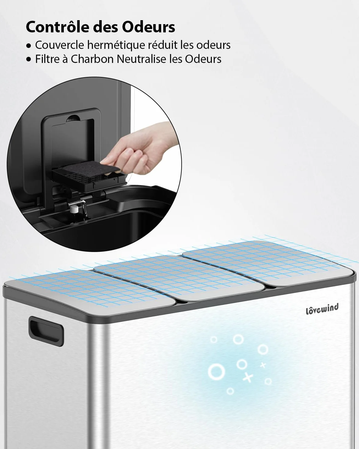 Lovewind Poubelle de Cuisine 3x20L Recyclage 3 Compartiments Argent