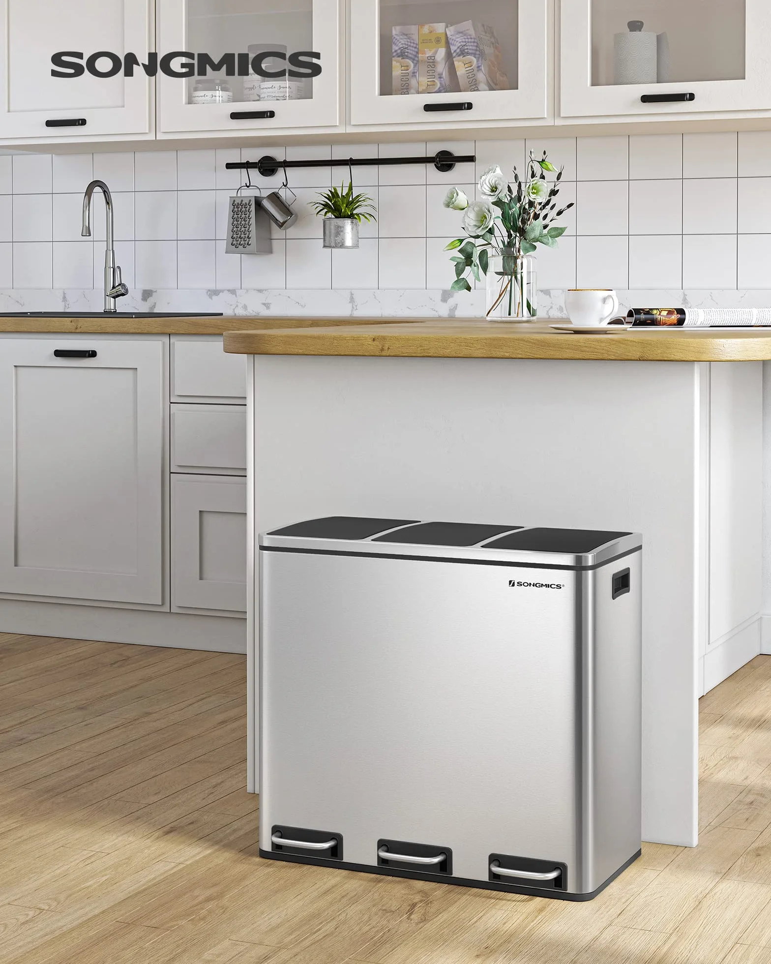 SONGMICS Poubelle Cuisine 3x18L Tri Compartiments Acier Argent Métallique Noir LTB54NL