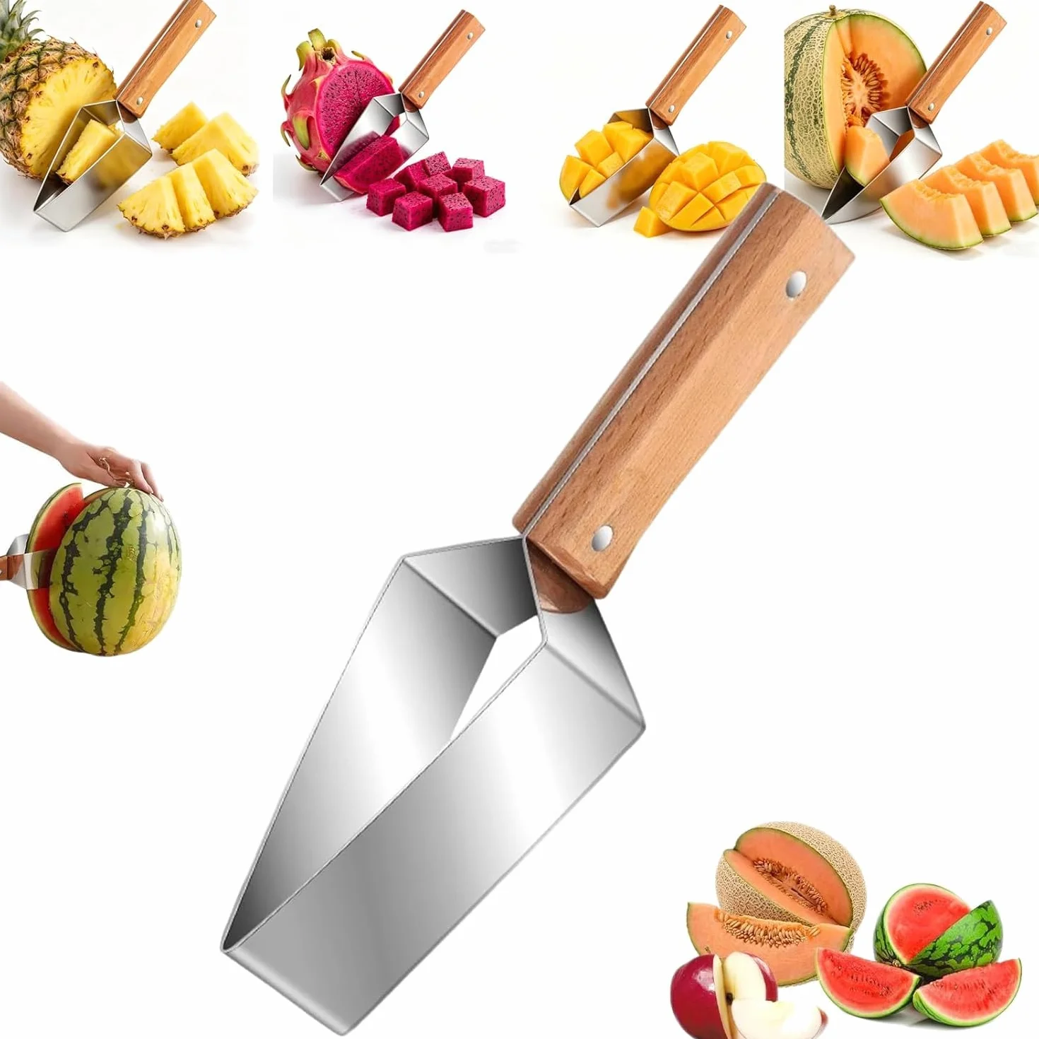 Coupe-Pastèque Triangle Acier Inoxydable Manche Bois Trancheur Melon Cuisine Camping