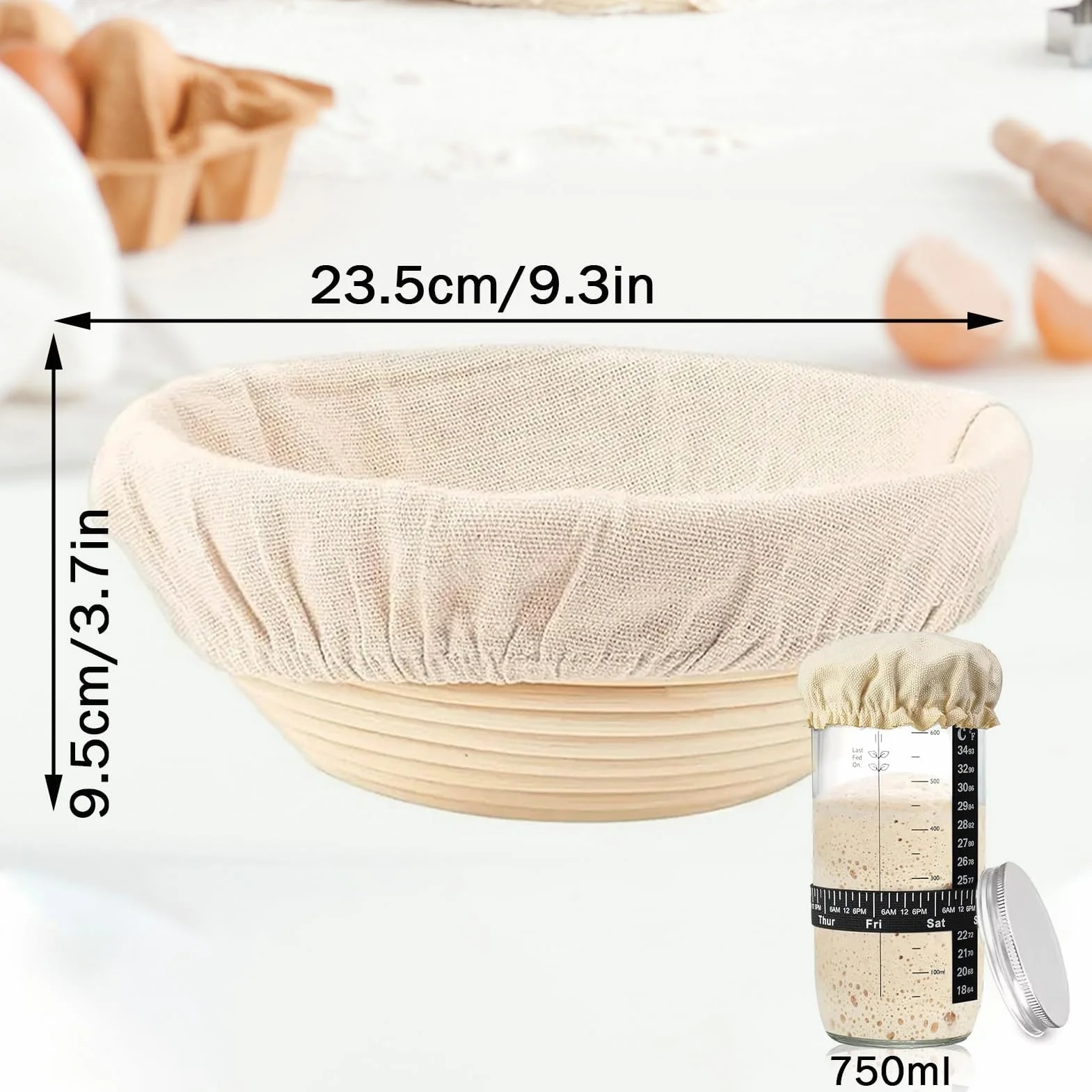 Kit de démarrage au levain avec panier grille-pain naturel, 2 paniers de fermentation et 750 ml pâte aigre