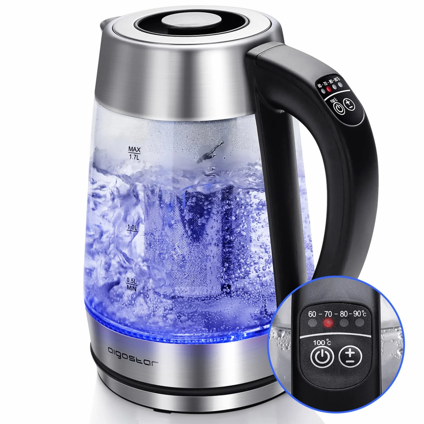 Aigostar Bouilloire en verre 2200W 1.7L Température Réglable 60-100°C Maintien au chaud Filtre à thé