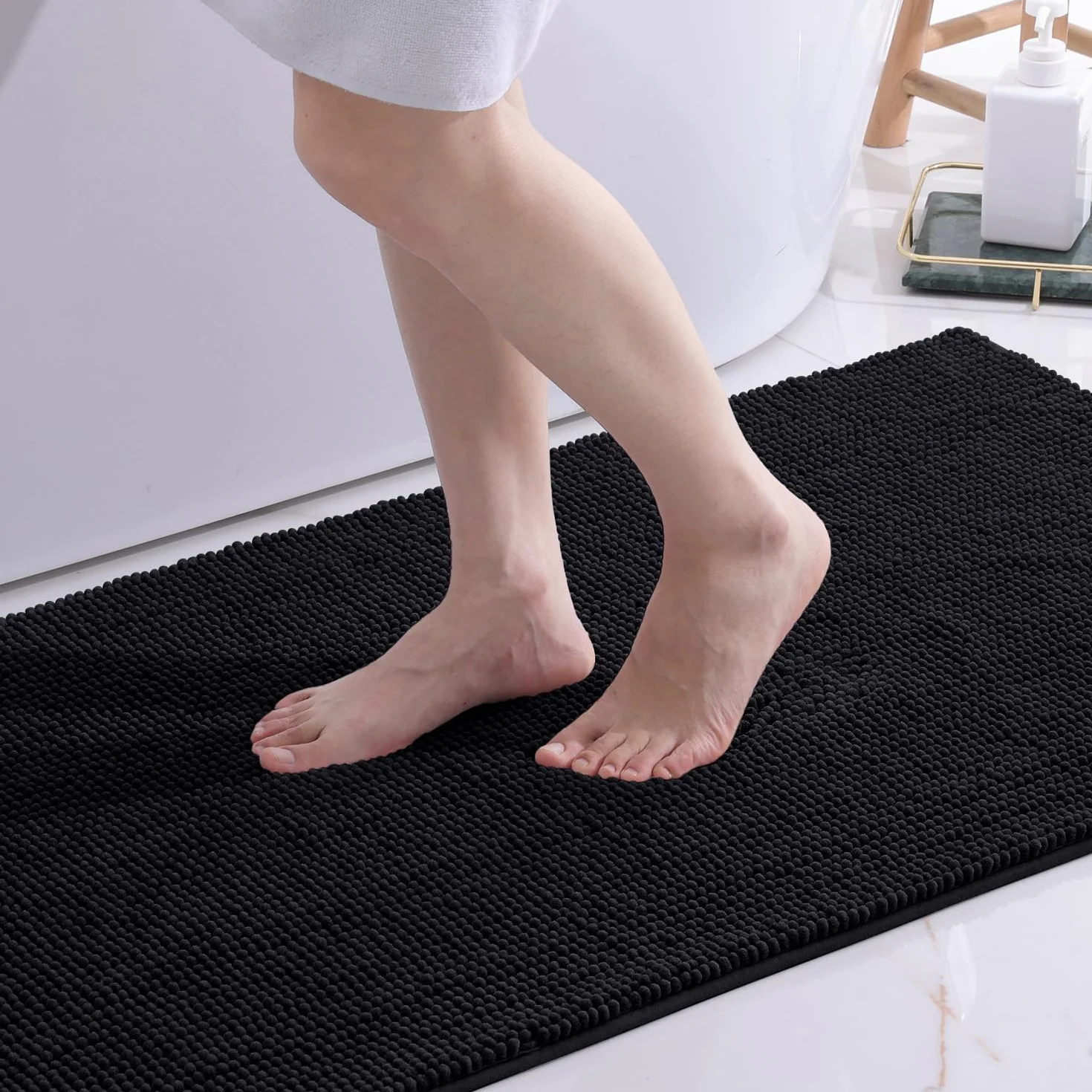 OLANLY Tapis de bain en chenille antidérapant 60 x 120 cm noir