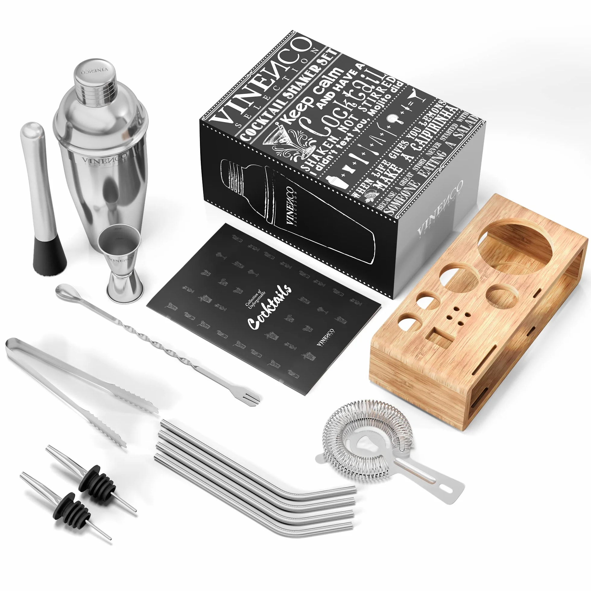 Cocktail Shaker Kit INOX Qualité Extra avec Support, Livre Cocktail, Accessoires Professionnel pour Bar - Cuillère Pilon Jigger Paille - Set Cadeau Homme Femme
