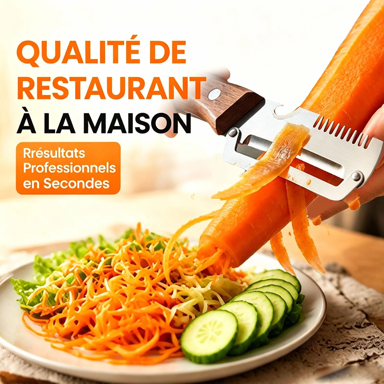 Éplucheur de légumes multifonction 5 en 1 avec lame en acier inoxydable, manche en bois, décapsuleur, écailleur à poisson et coupe-oignon