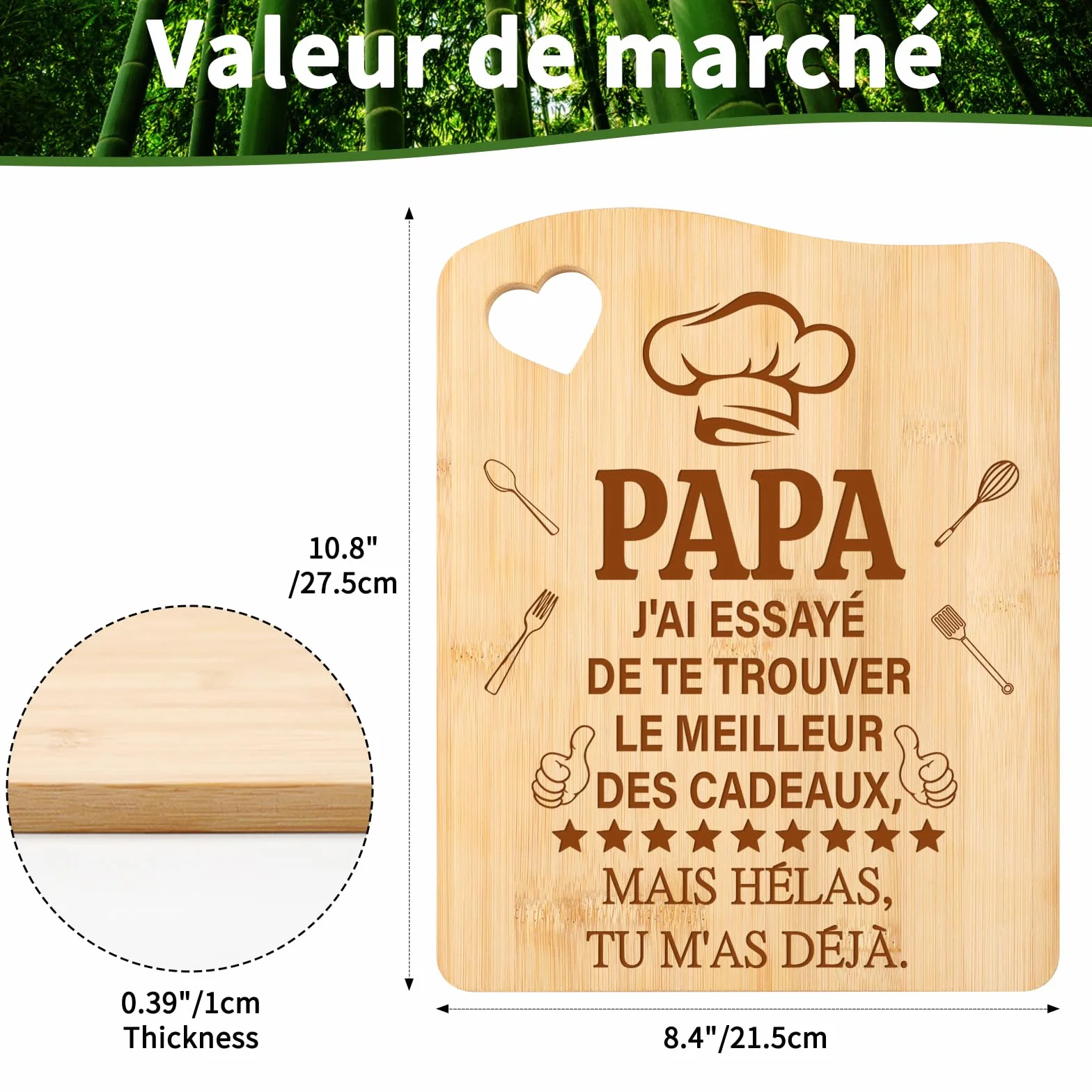 Planche à Découper en Bambou Cadeau Fête des Pères Original pour Papa