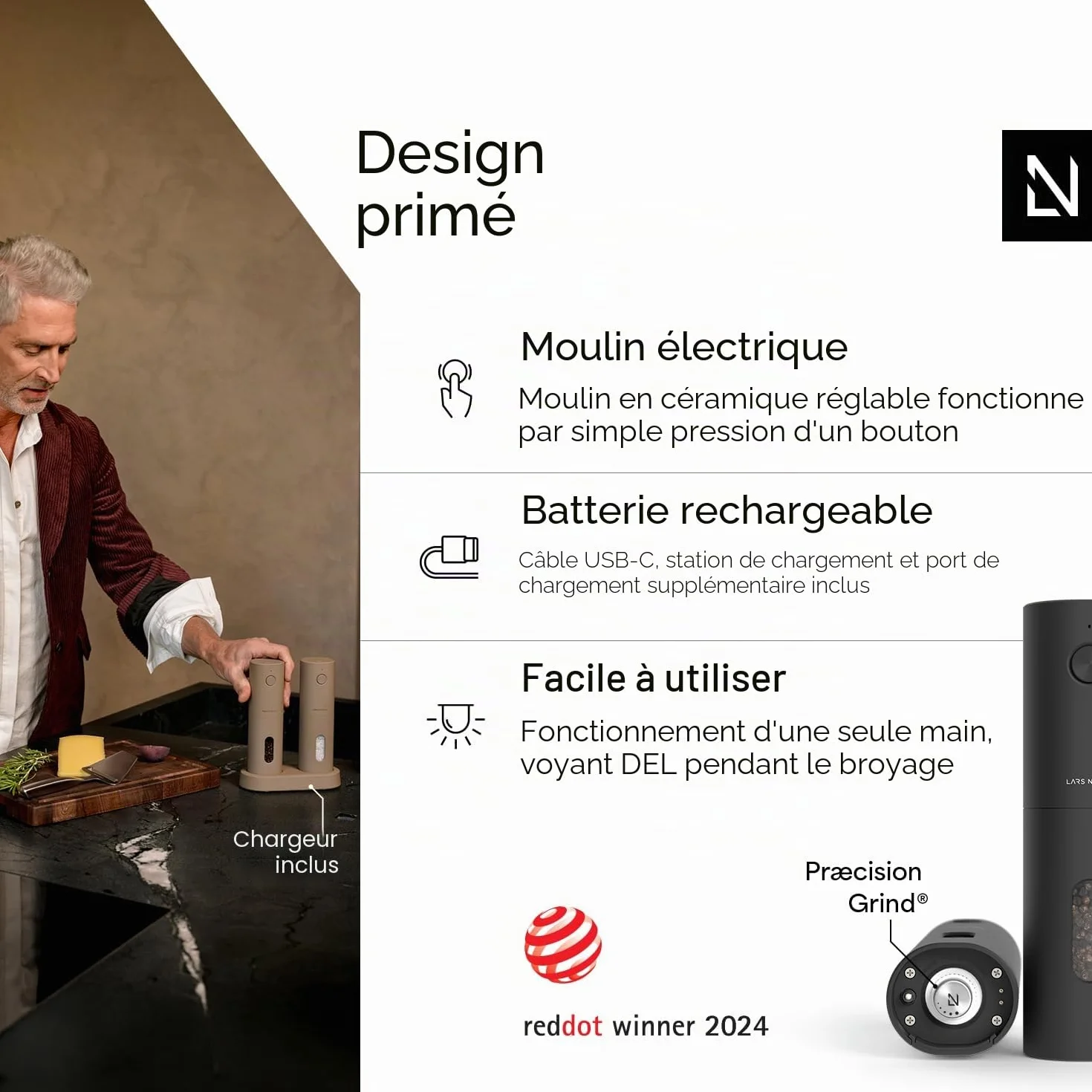 Moulin électrique sel et poivre LARS NYSØM automatique broyeur céramique rechargeable USB Carbon Black