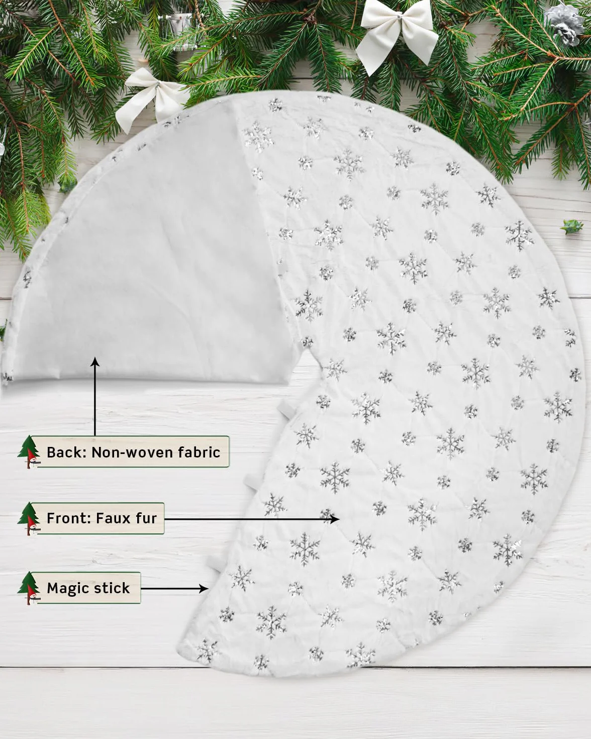 Jupe de Sapin de Noël COOLWUFAN 120cm Blanc en Peluche Argent Sequin Flocon de Neige