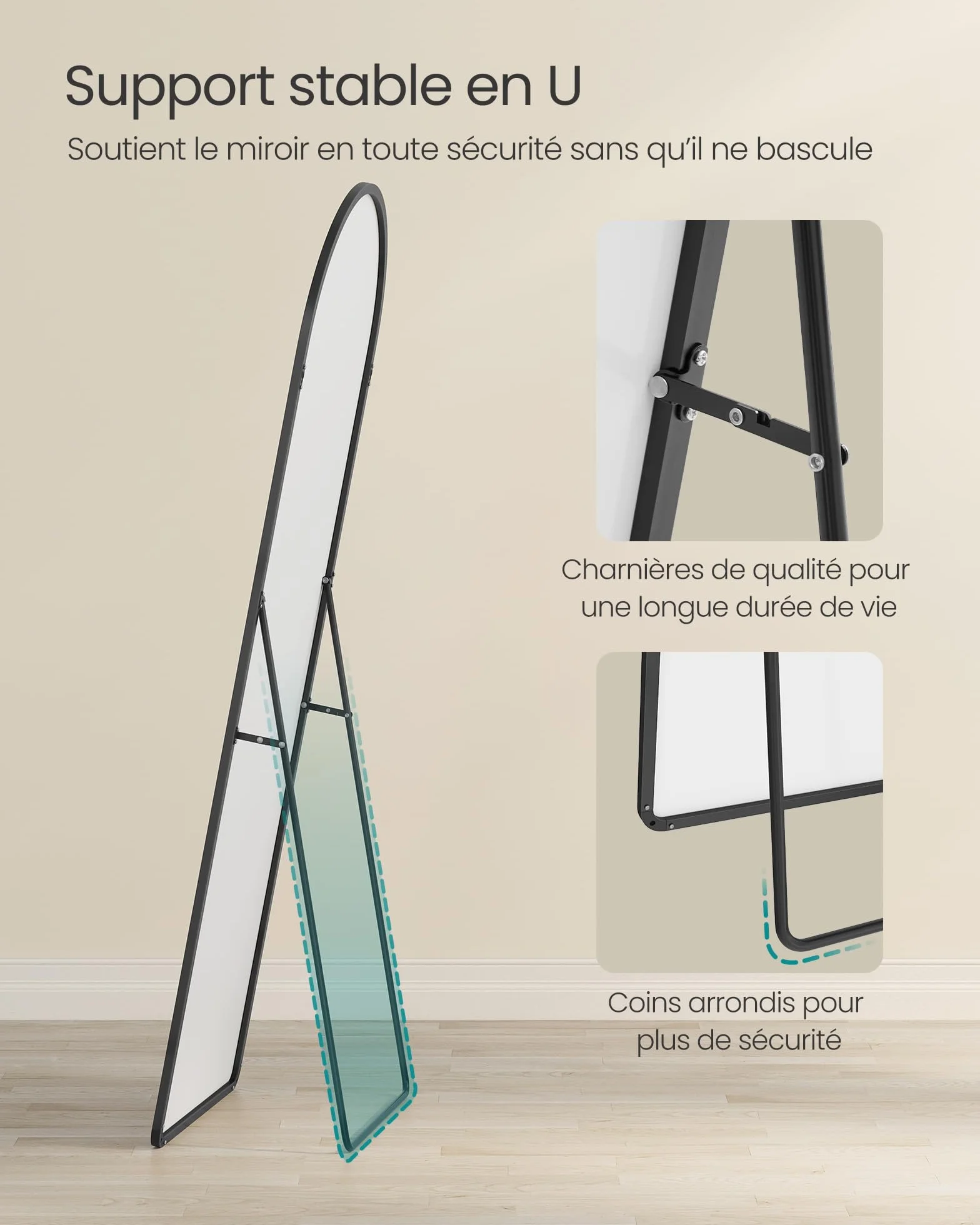 SONGMICS Miroir Intégral Arqué sur Pied 160 x 50 cm Cadre en Alliage d’Aluminium Verre Trempé Noir