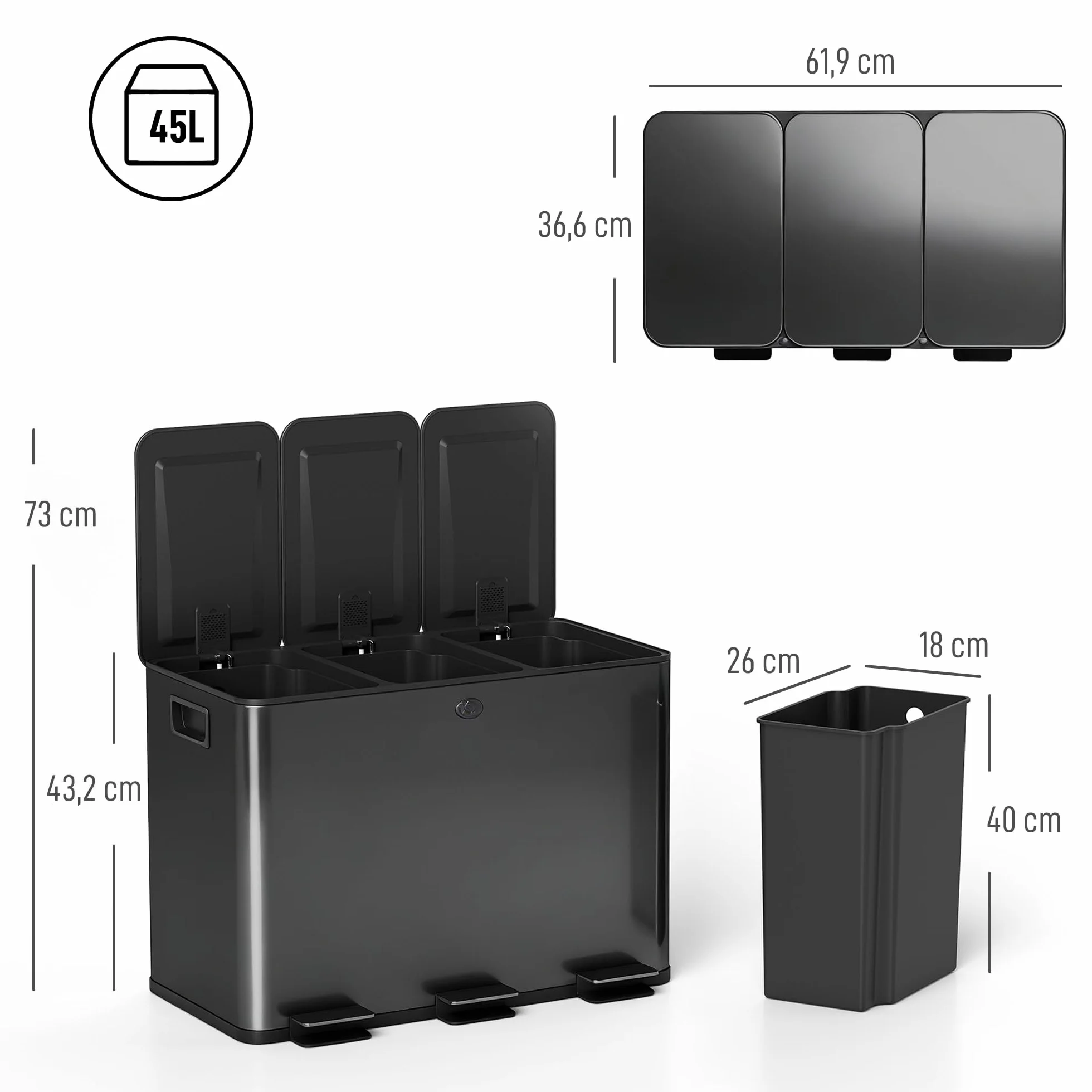 HOMCOM Poubelle cuisine 3 x 15L acier inoxydable tri sélectif 3 compartiments pédale