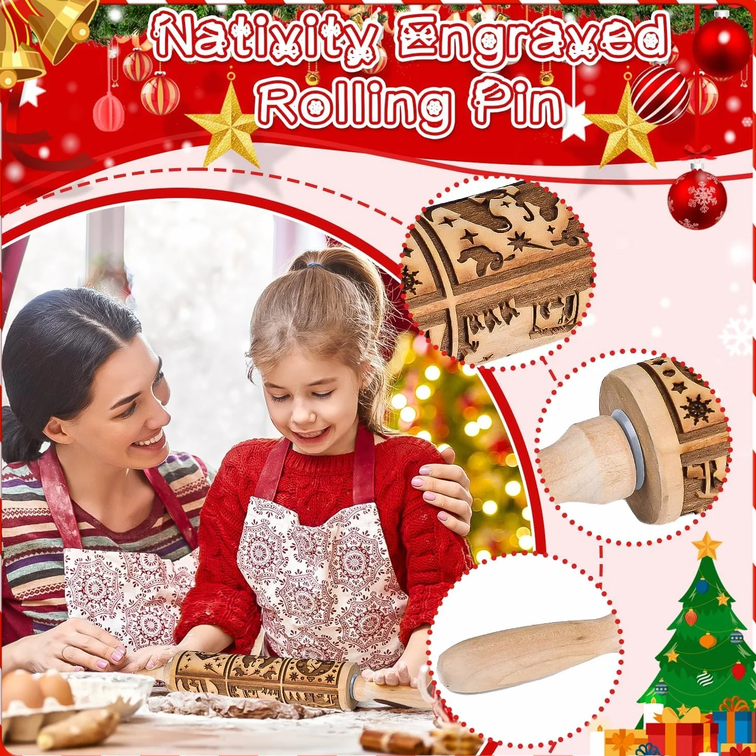 Rouleau à pâtisserie en bois 3D 35 cm motif fleurs de Noël