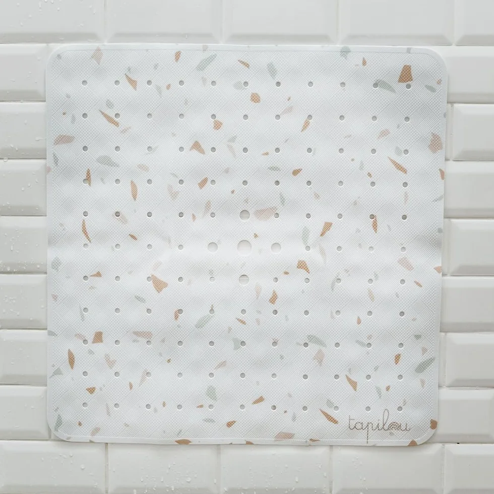 Tapis de Douche Bébé Antidérapant 53x53 cm Motif Terrazzo sans BPA Lavable en Machine Anti-moisissure avec Ventouses
