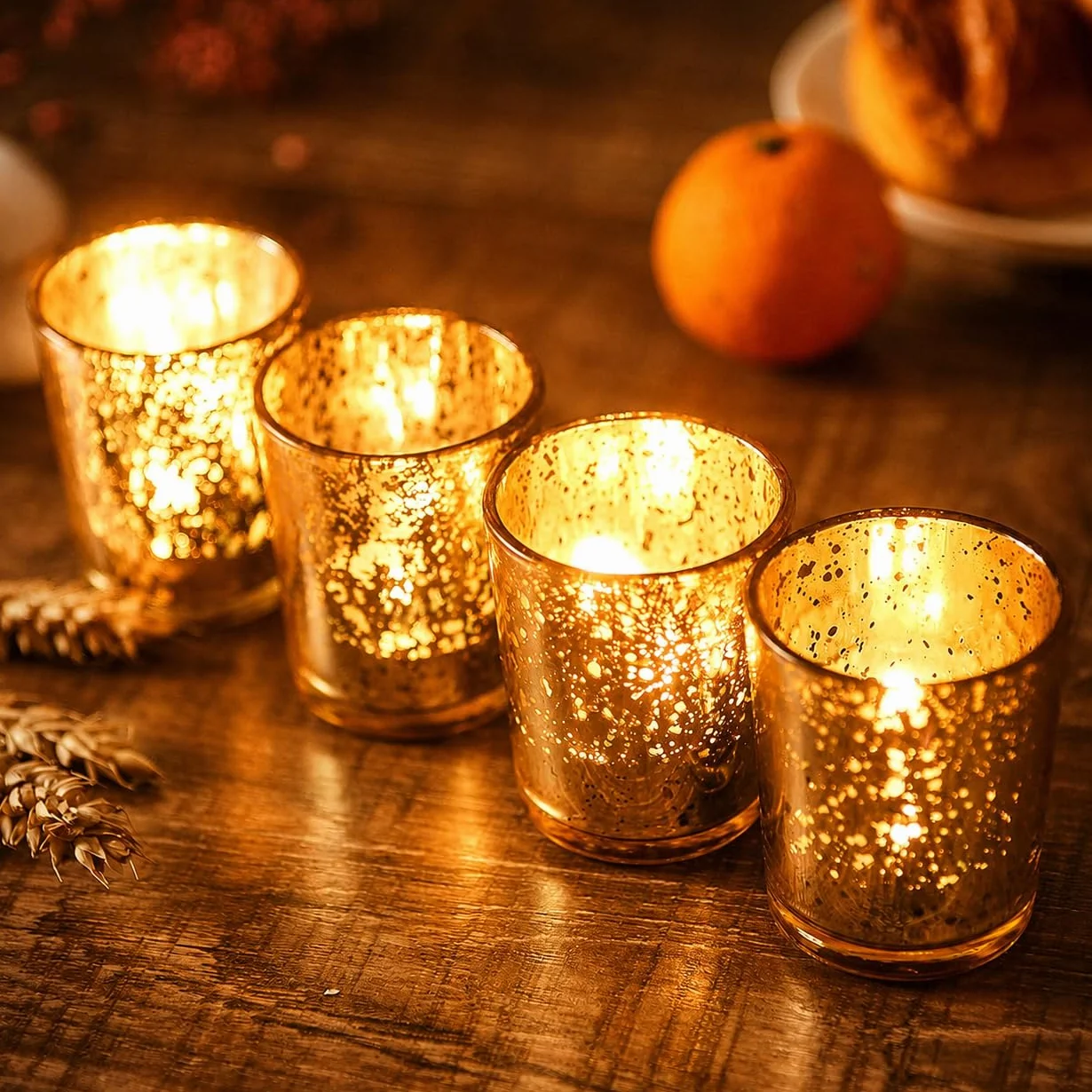 Bougeoirs Doré en Verre au Mercure, Lot de 12 Photophores pour Décoration Mariage