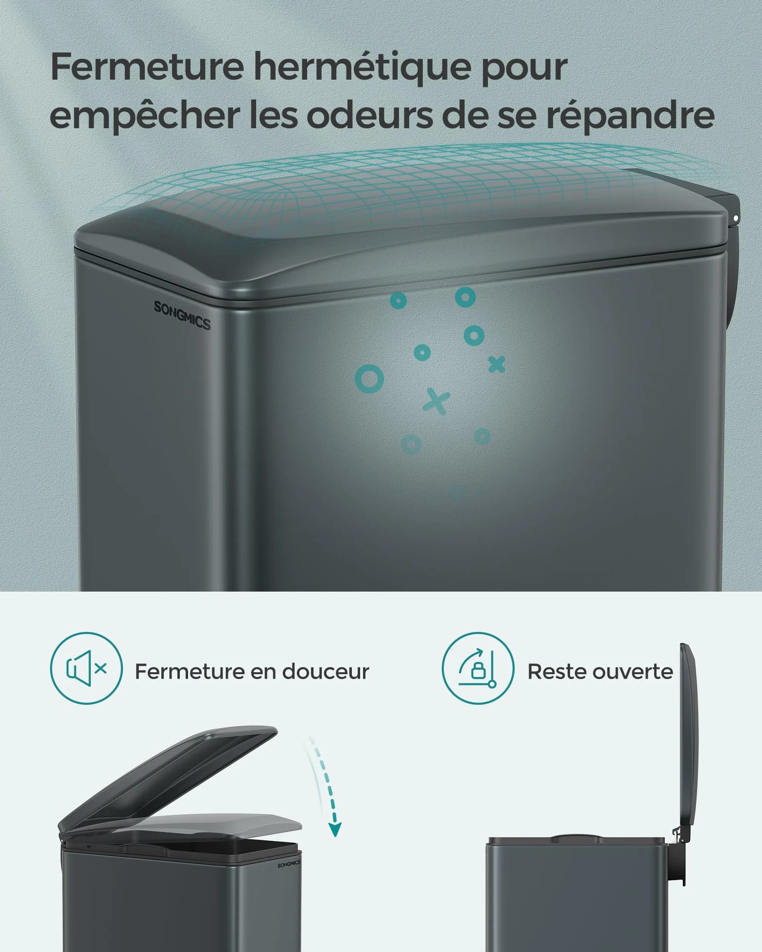 SONGMICS Poubelle de Cuisine 48L, Poubelle à Pédale, Acier, Gris Anthracite