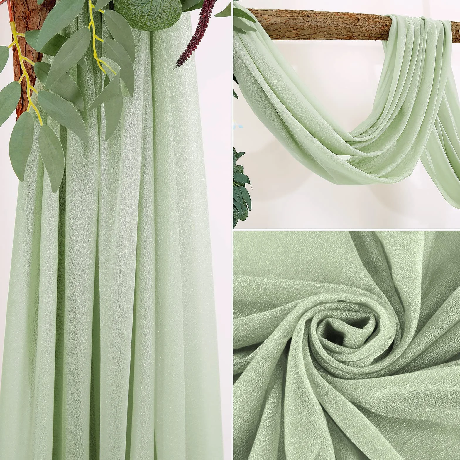 Mariage Arche Tenture Voilage Drapés Mousseline Élastique 70 x 550 cm Décoration Toile Fond Rideau Gaze Gris Vert