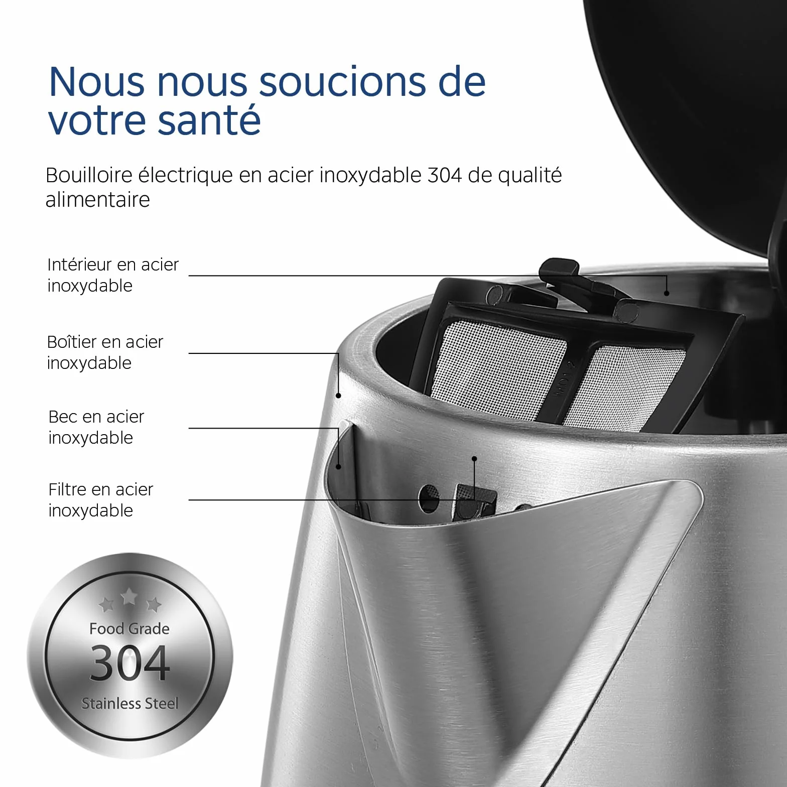 Midea Bouilloire Acier Inoxydable 1,7L 2200W MK-17S30A2 Sans BPA Chauffage Rapide