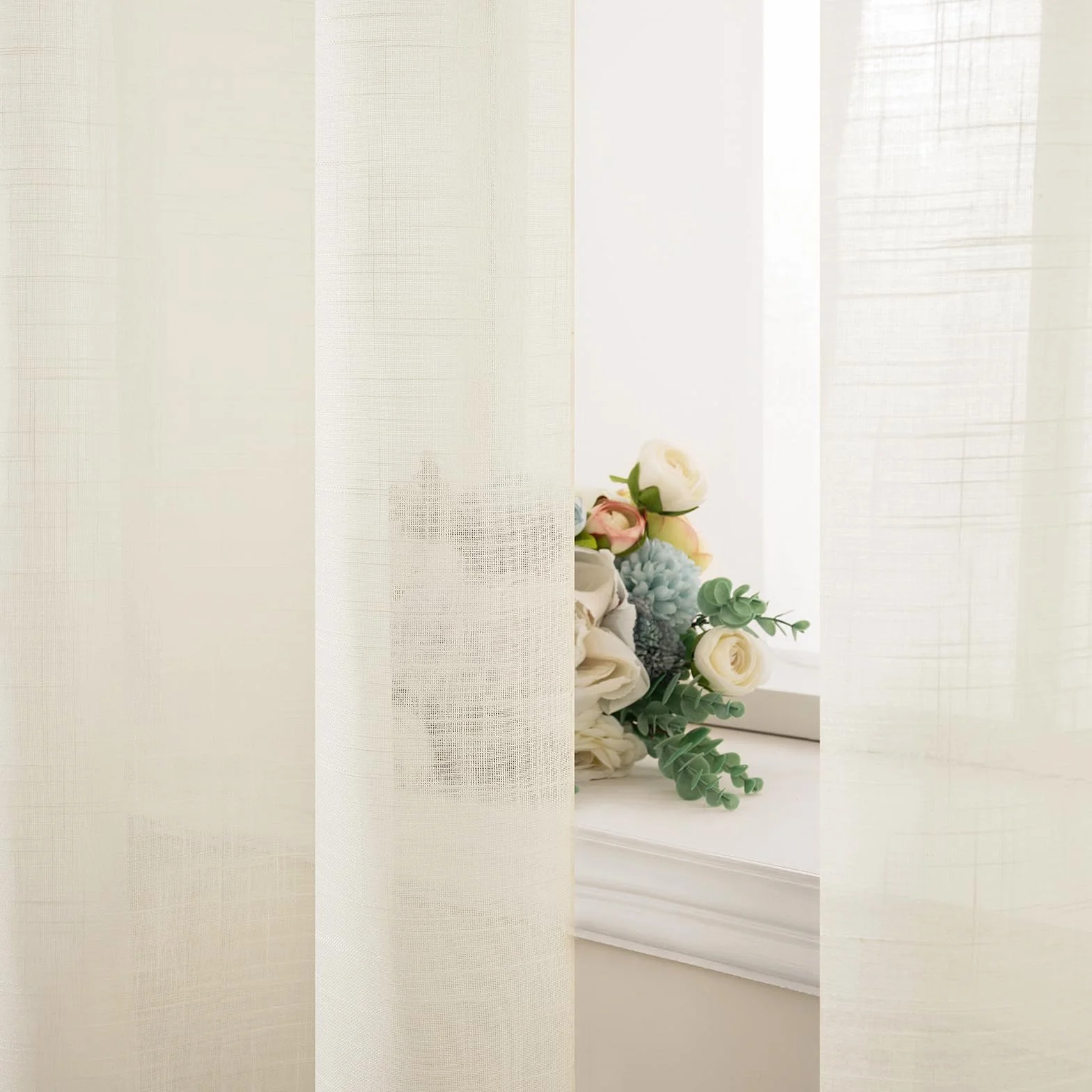 MIULEE Lot de 2 Rideaux Voilages Lin Imitation Transparents 140x200cm Beige léger