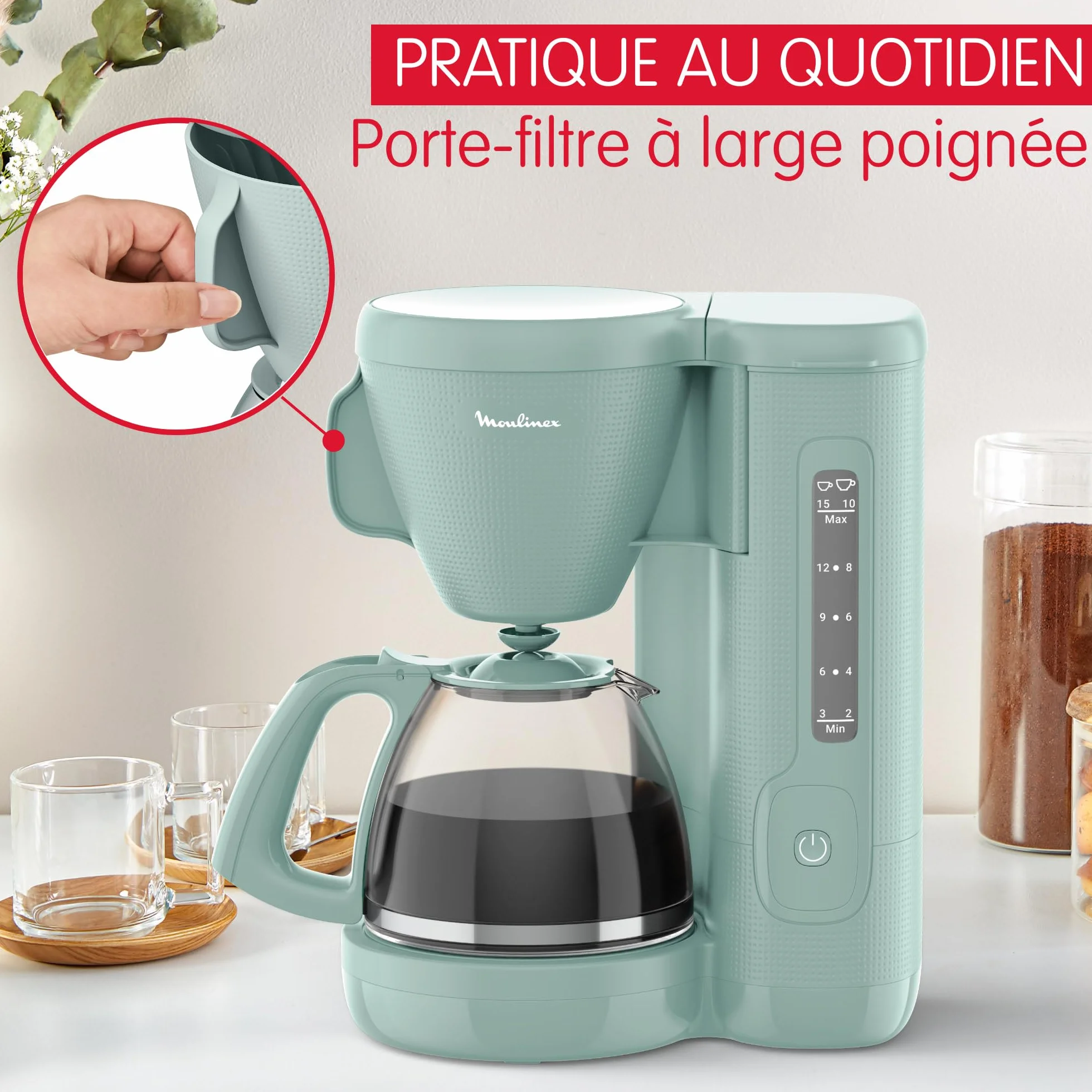 Moulinex Cafetière filtre 1.25L 10-15 tasses Porte-filtre pivotant Anti-gouttes Maintien chaud Eucalyptus FG2M1310