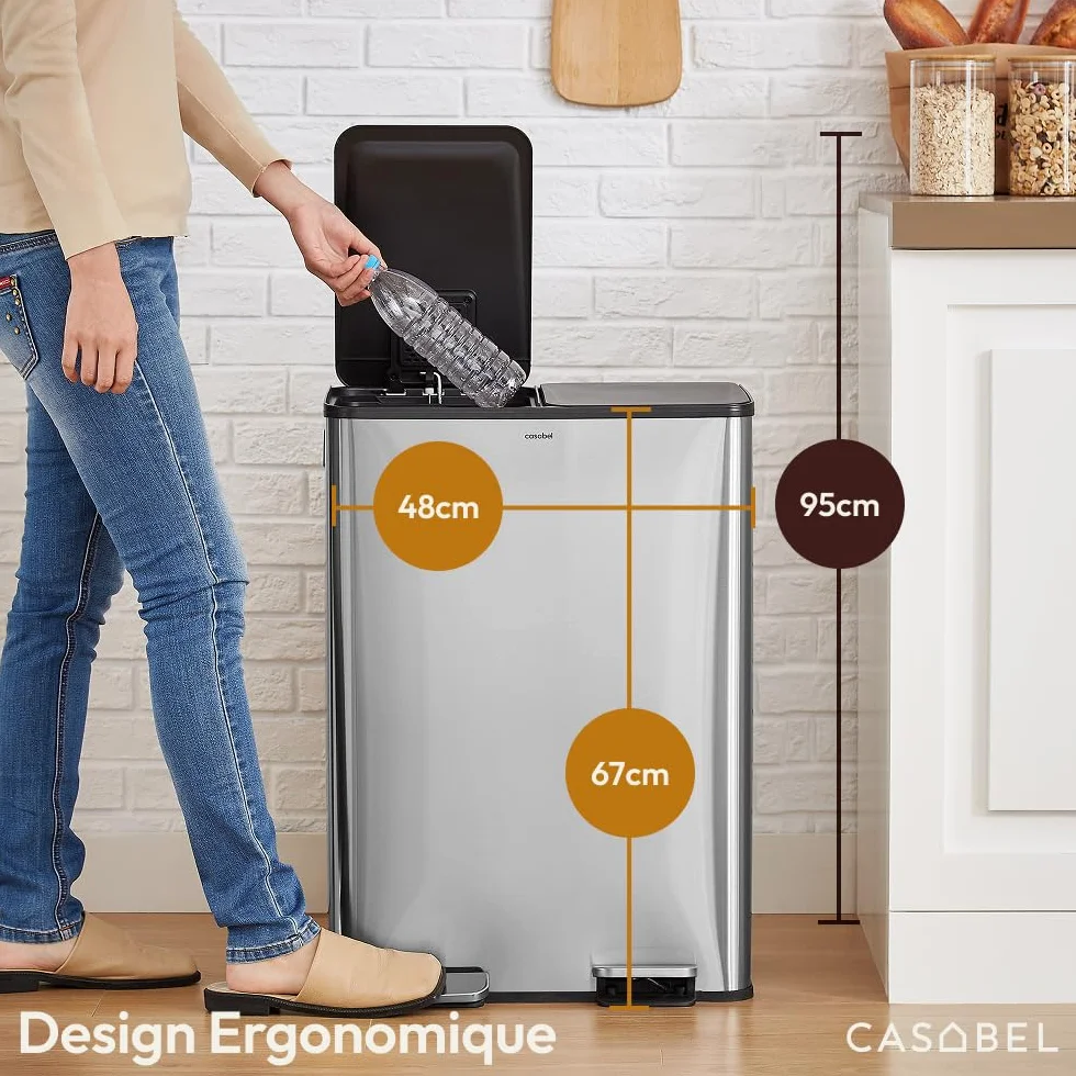 CASABEL Poubelle Cuisine Tri Sélectif 60L Acier INOX Brossé Double Compartiments