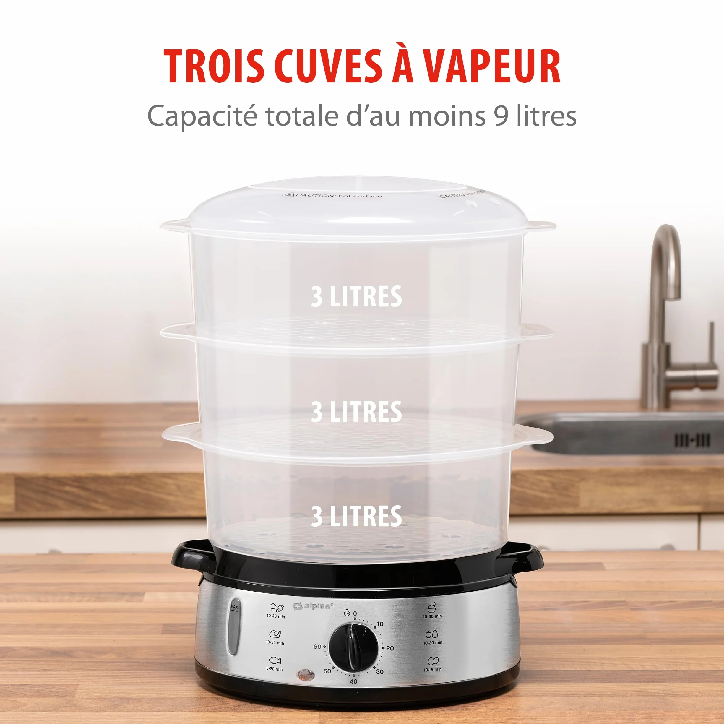 Alpina Cuiseur Vapeur 800W 9L 3 Couches Sans BPA Gris
