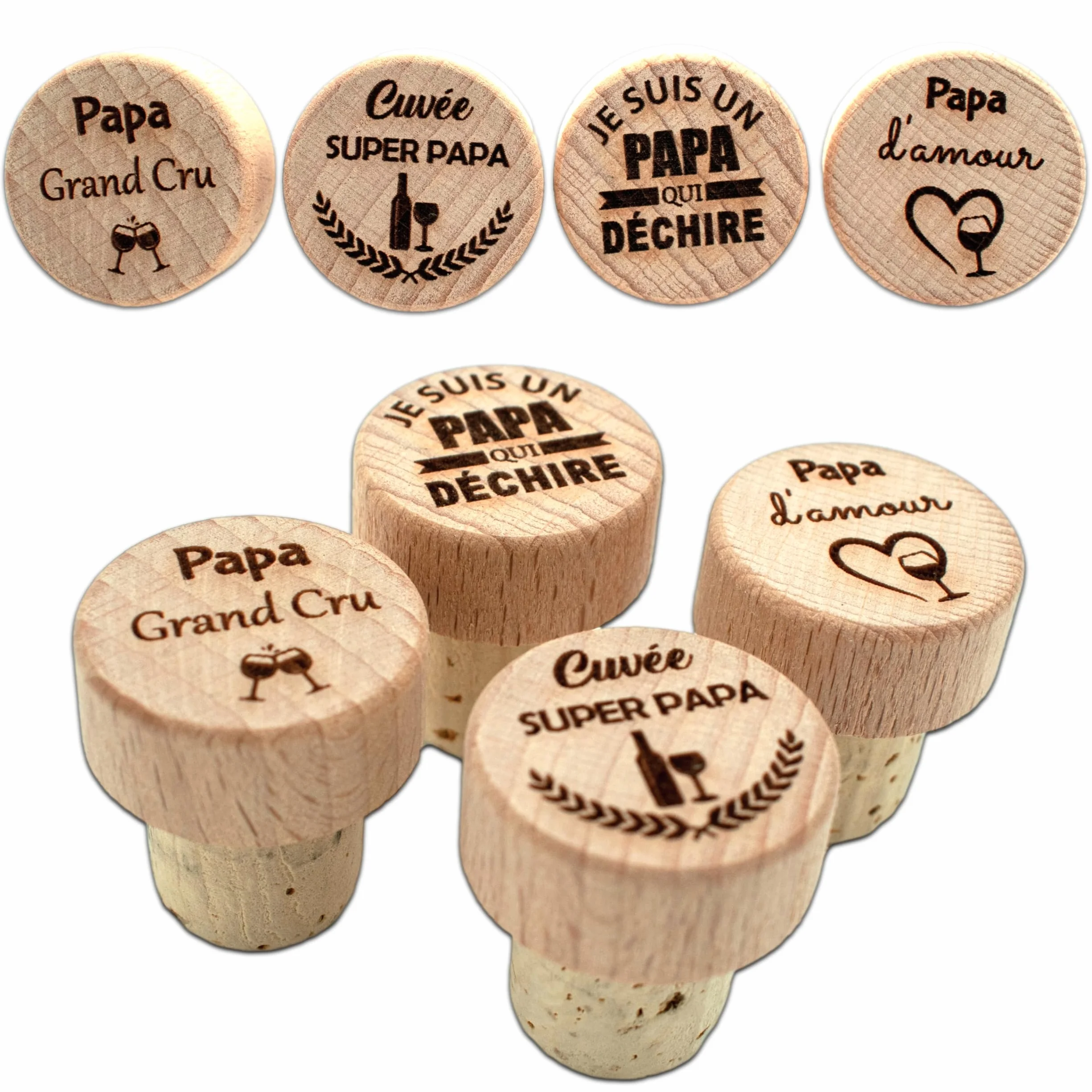 Lot de 4 Bouchons Papa personnalisés - Cadeau fête des pères - Idée Cadeau Homme - Accessoire vin