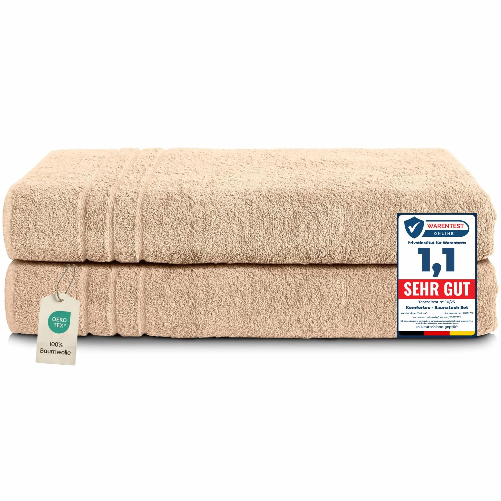 Komfortec Lot de 2 Serviettes de Sauna 80 x 200 cm 100% Coton XXL Beige