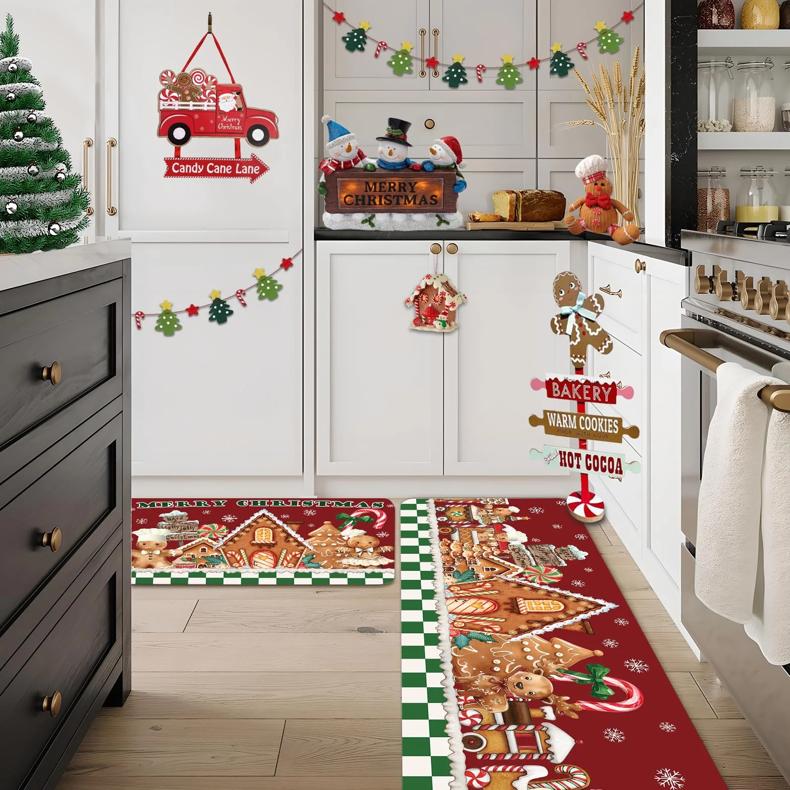 AIBIIN Tapis de cuisine Noël antidérapant caoutchouc bonhomme pain d'épices 40x60 40x120 cm 2 pièces