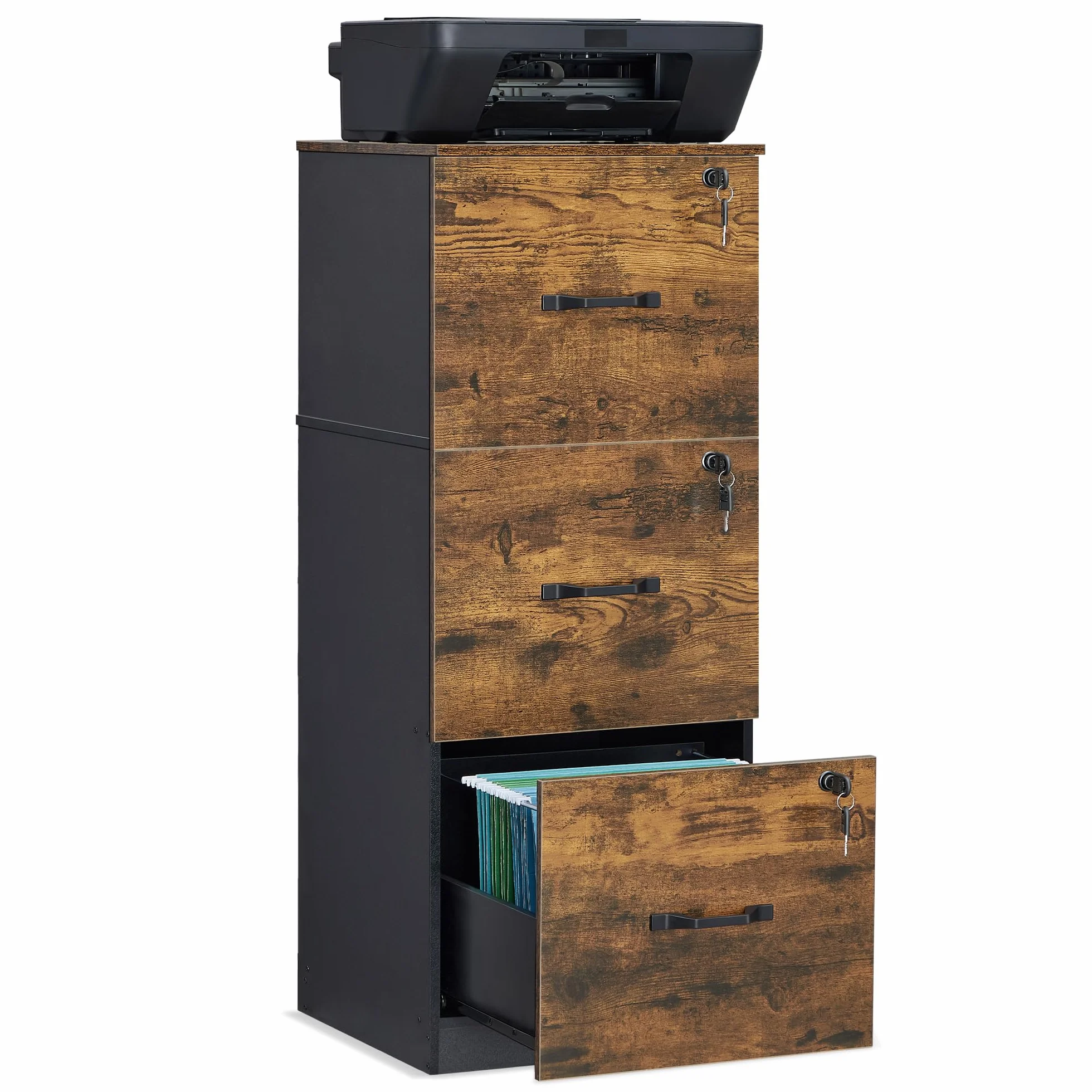 VASAGLE Meuble de Bureau avec 3 Tiroirs Verrouillables, Tringles Réglables, Compatible A4, Marron Rustique et Noir