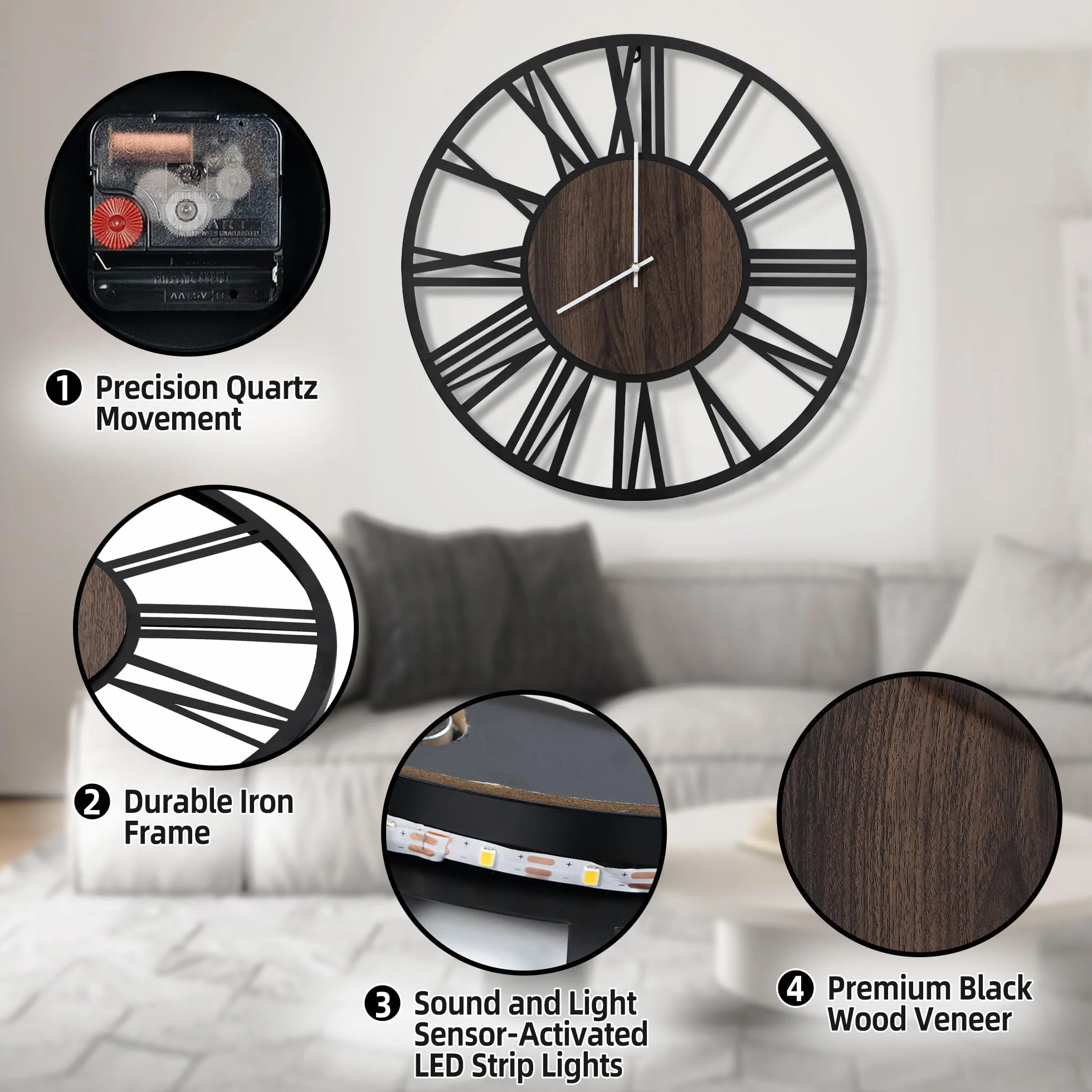 Maxstar Horloge Murale 80cm Silencieuse Style Bois Métal LED Moderne Chiffres Romains Noir
