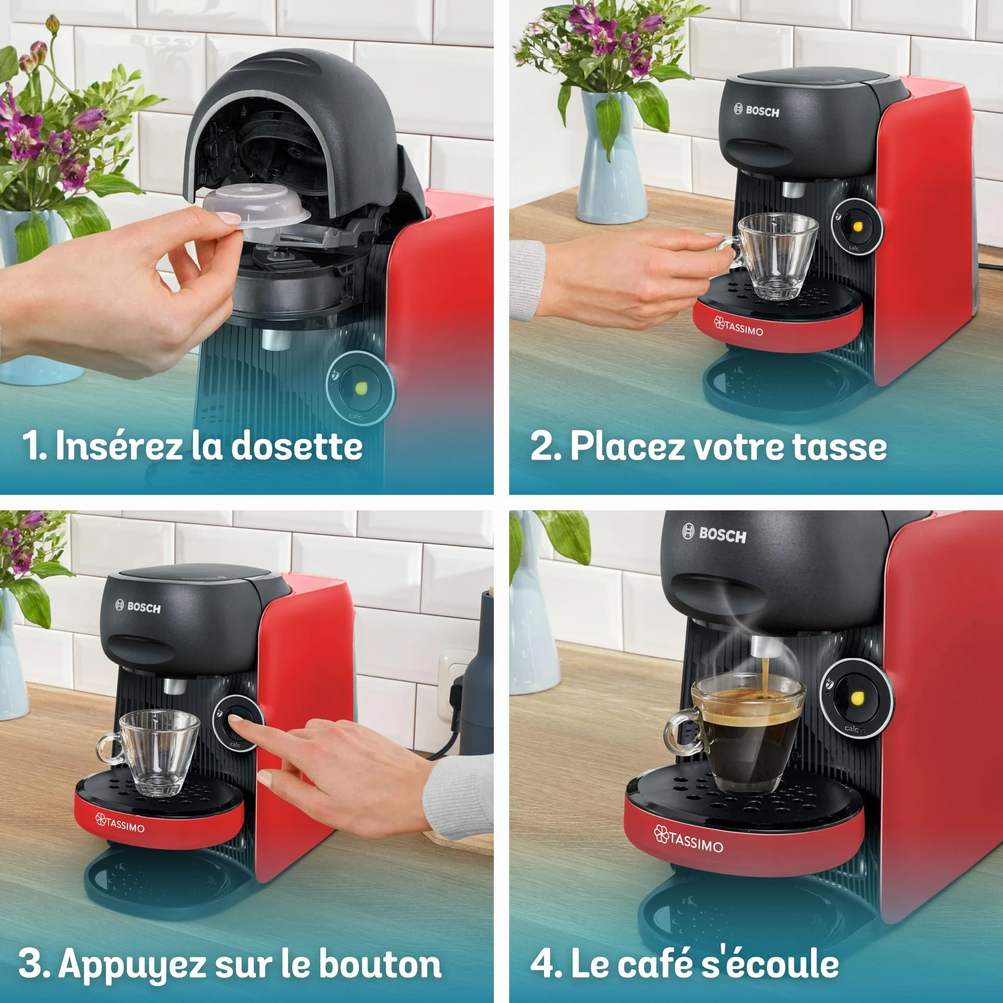 Bosch Tassimo Finesse TAS163E Machine à café multi-boissons, 70 boissons chaudes, IntensityBoost, cafétière à dosettes, rouge