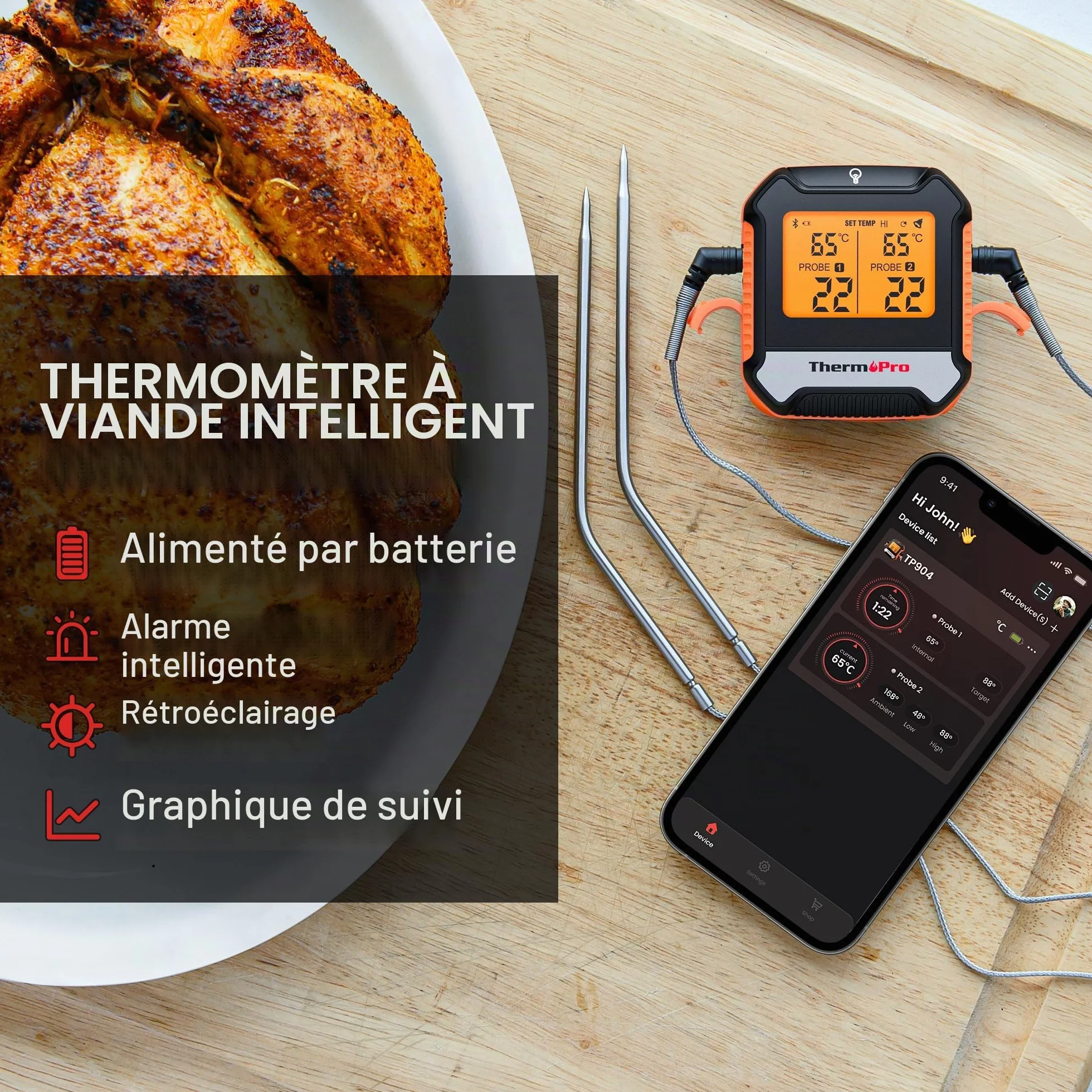ThermoPro TempPro TP904 Thermomètre à viande numérique sans fil Bluetooth 135 m avec double sonde