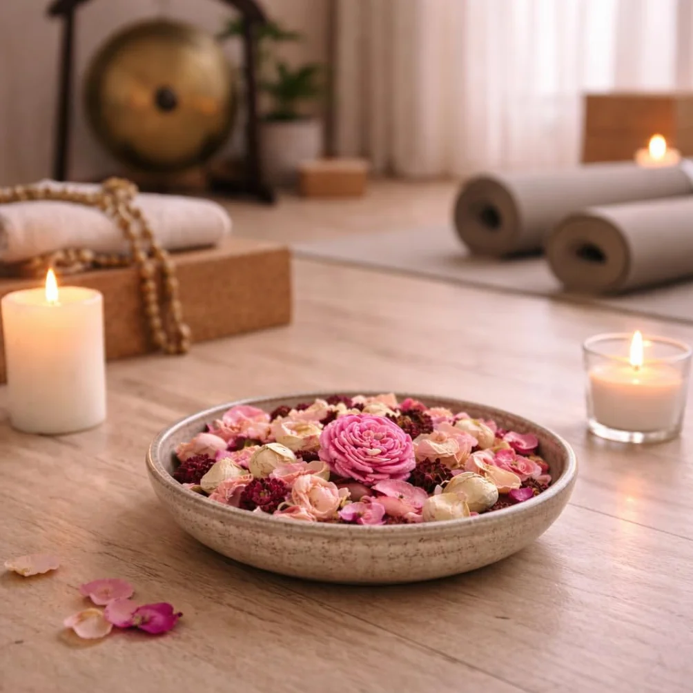 Coffret de Pot-pourri Parfumé Fleurs Roses avec 3 Bougies Chauffe-Plat