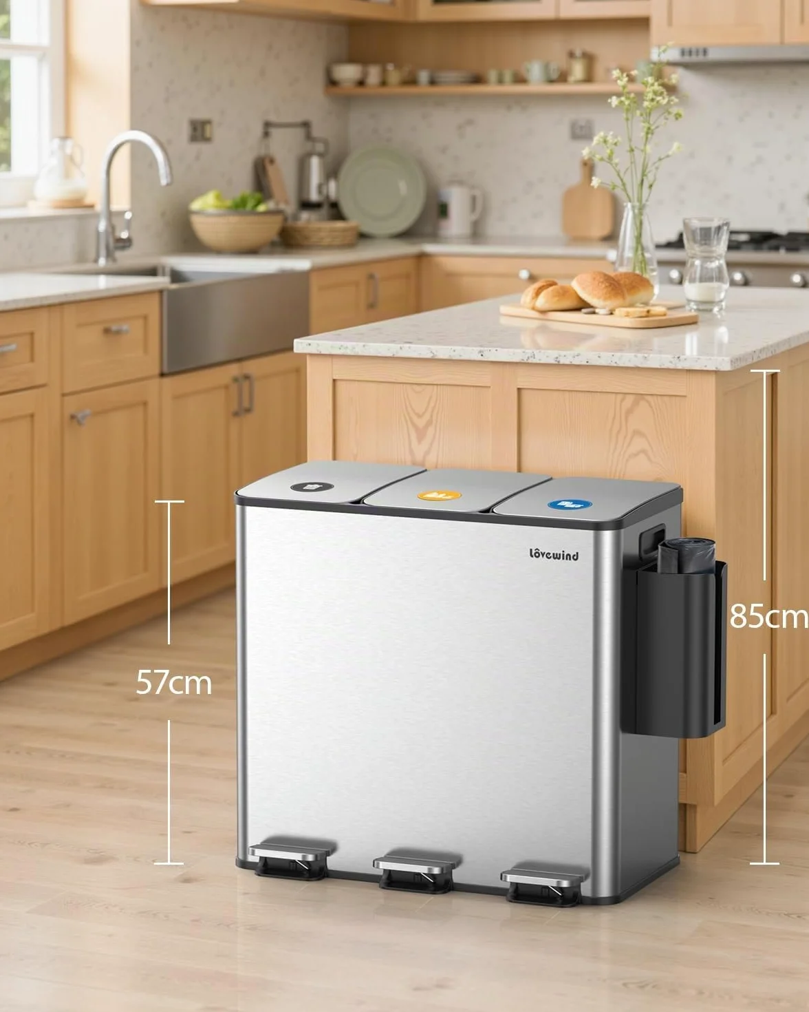 Lovewind Poubelle de Cuisine 3x20L Recyclage 3 Compartiments Argent