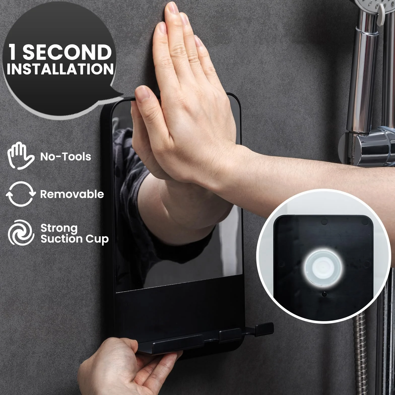Miroir de Douche Antibuée sans Perçage avec Maintien du Rasoir, Noir